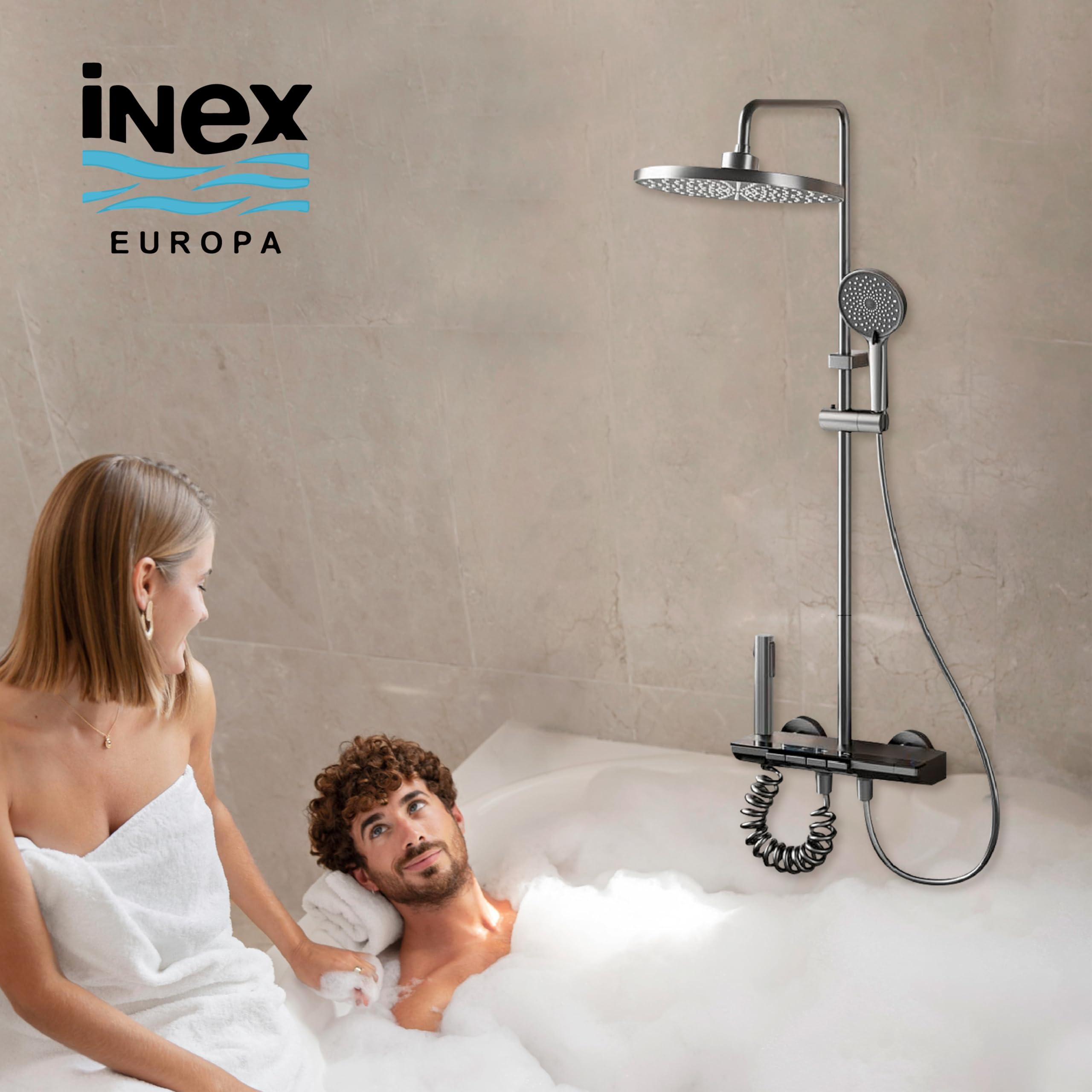 INEX EUROPA Colonna doccia nero grigio titanio con testa rotonda - colonna doccia 4 modalità e altezza regolabile - testa, getto, rubinetto e soffione doccia - 10 anni di garanzia