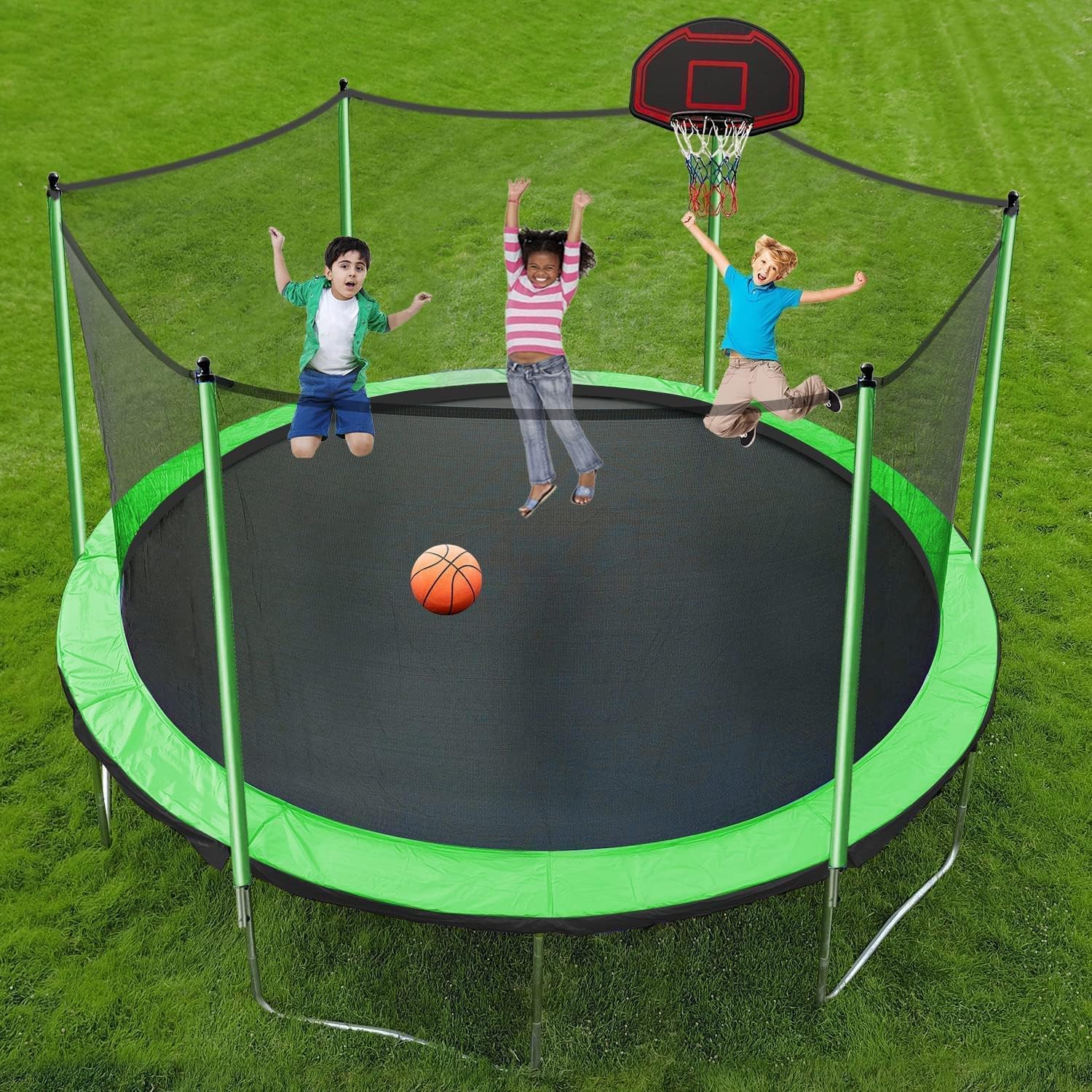 Pvillez 1500LBS 10FT 12FT 14FT 16FT Trampoline for Kids Adults with Basketball Hoop, Enclosure Net, Sprinkler, Lights, Disco Ball with Music Speaker, Heavy Duty Trampoline Outdoor Trampolines