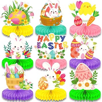 9 Pieces Easter Honeycomb Centerpieces Table Decor, Cute Bunny Chick and Eggs Happy Easter Spring Festive Pattern Table Topper Ornaments Signs, Holiday Easter Day Party Decorations