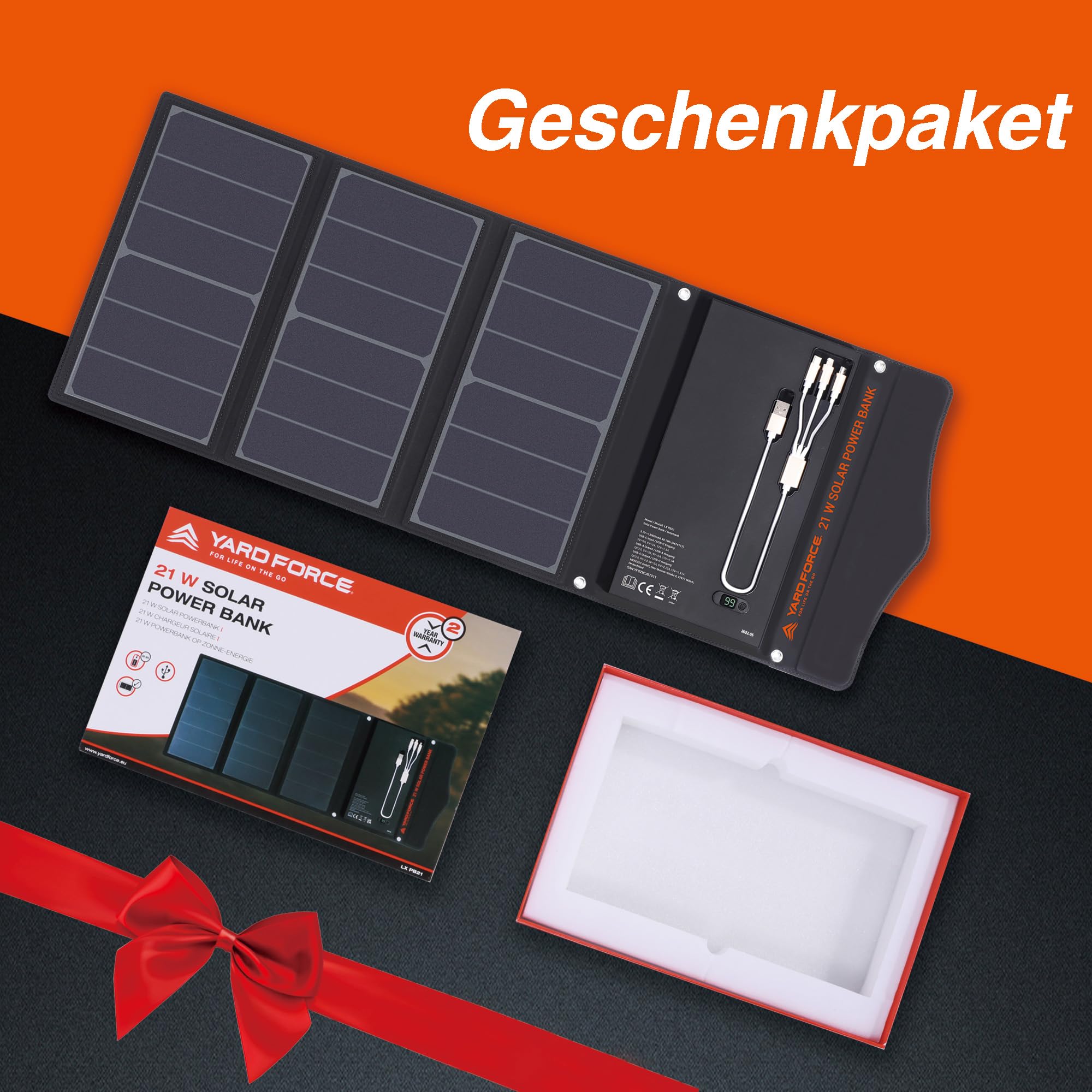 Yard Force LX PB21 Solar Powerbank 13.000mAh mit 21W Falt-Solarpanel | Red Dot Award Winner | PD 18W & QC 3.0 Schnellladefunktion | Autarkes Outdoor Ladegerät für iPhone, Samsung & Camping