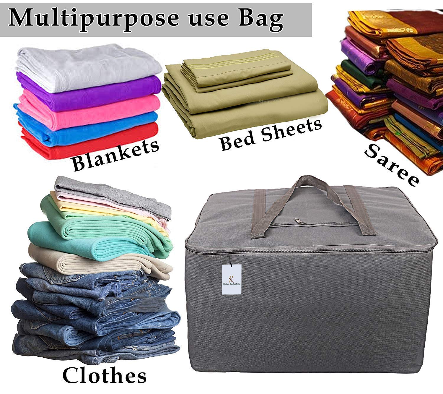 Kuber Industries Rexine Storage Bag for Clothes | Underbed Wardrobe Organizer for Blanket-Comforters | Foldable Attachi Bag with Handle - Gray - Image 7 thumbnail