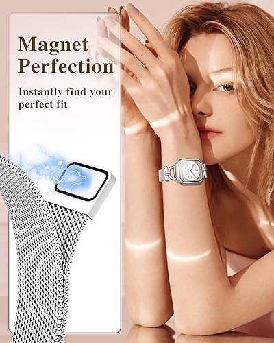 Miniatura 3 de Mazuboho Correa de reloj delgada para Apple Watch de 1.772 pulgadas con funda protectora de pantalla, correa de cierre magnético de malla de acero