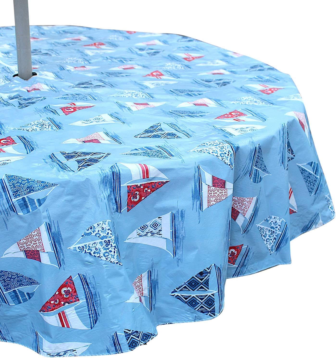 Serafina Home Elrene Summer Flannel Back Vinyl Tablecloths: Patio Table Umbrella Hole and Zipper Table Cover, 52 x 70 inch Rectangle (Sailboat)