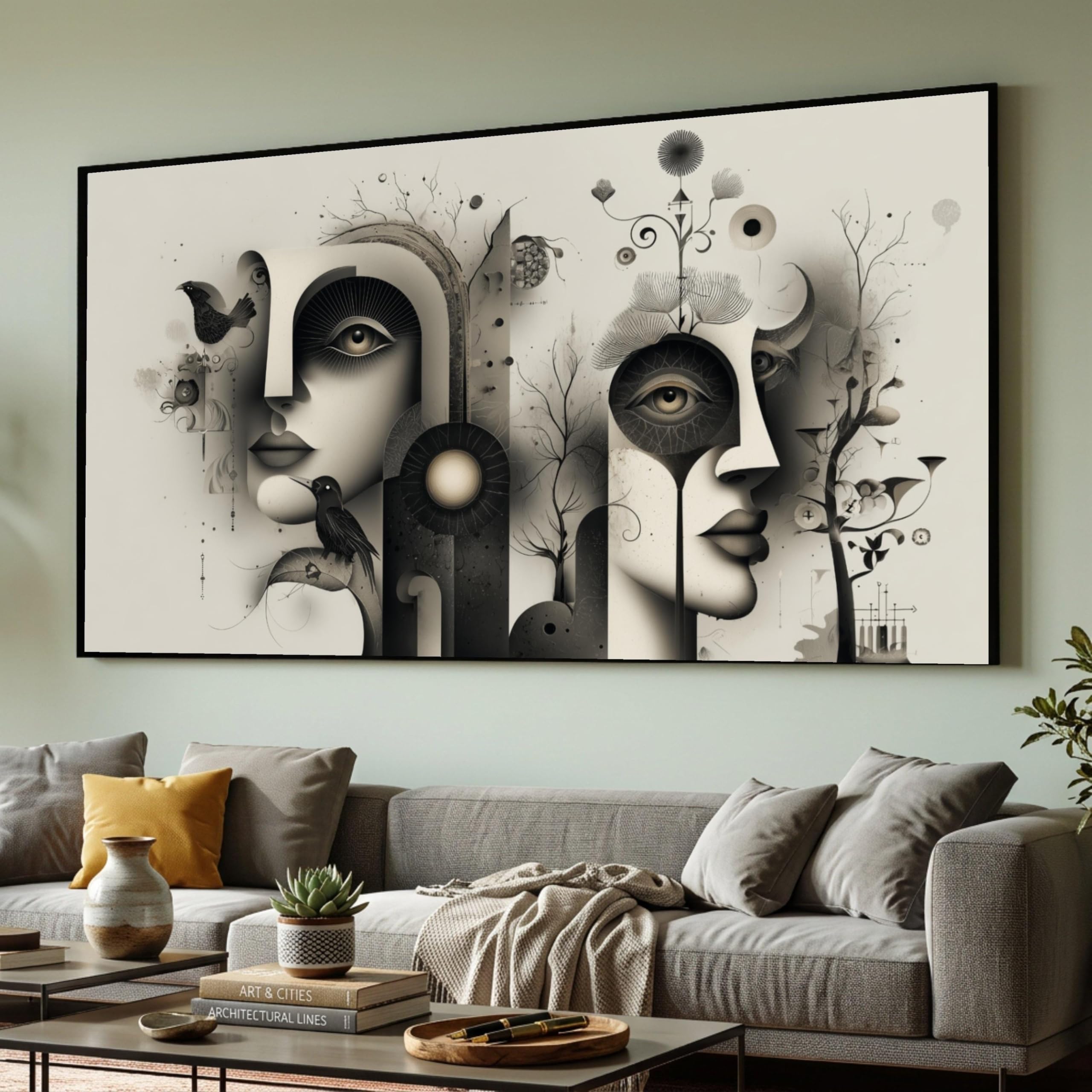 LMYCHENG Surreal Faces Nature Canvas Oil Painting, Abstract Portrait Wall Art, Black and White Faces Posters for Living Room Decor(30x50cm/Frameless)