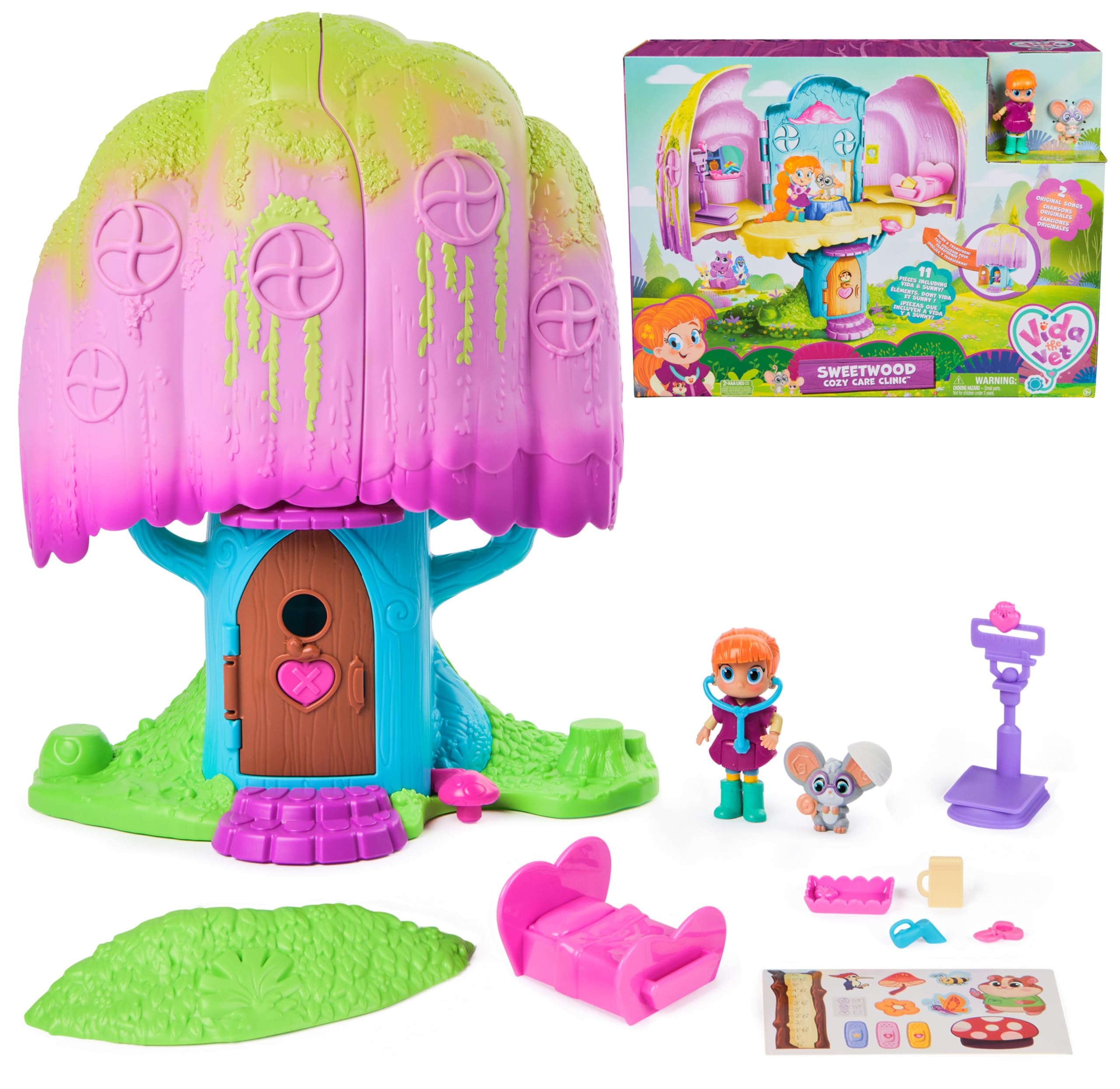 Vida The Vet - Pack Clínica Veterinaria Casa del Árbol con Figuras de Vida y Sunny + Accesorios - Vida la Veterinaria Juguetes - Juguetes niñas 3 años + - Regalo Niña 3 Años + Casa Muñecas