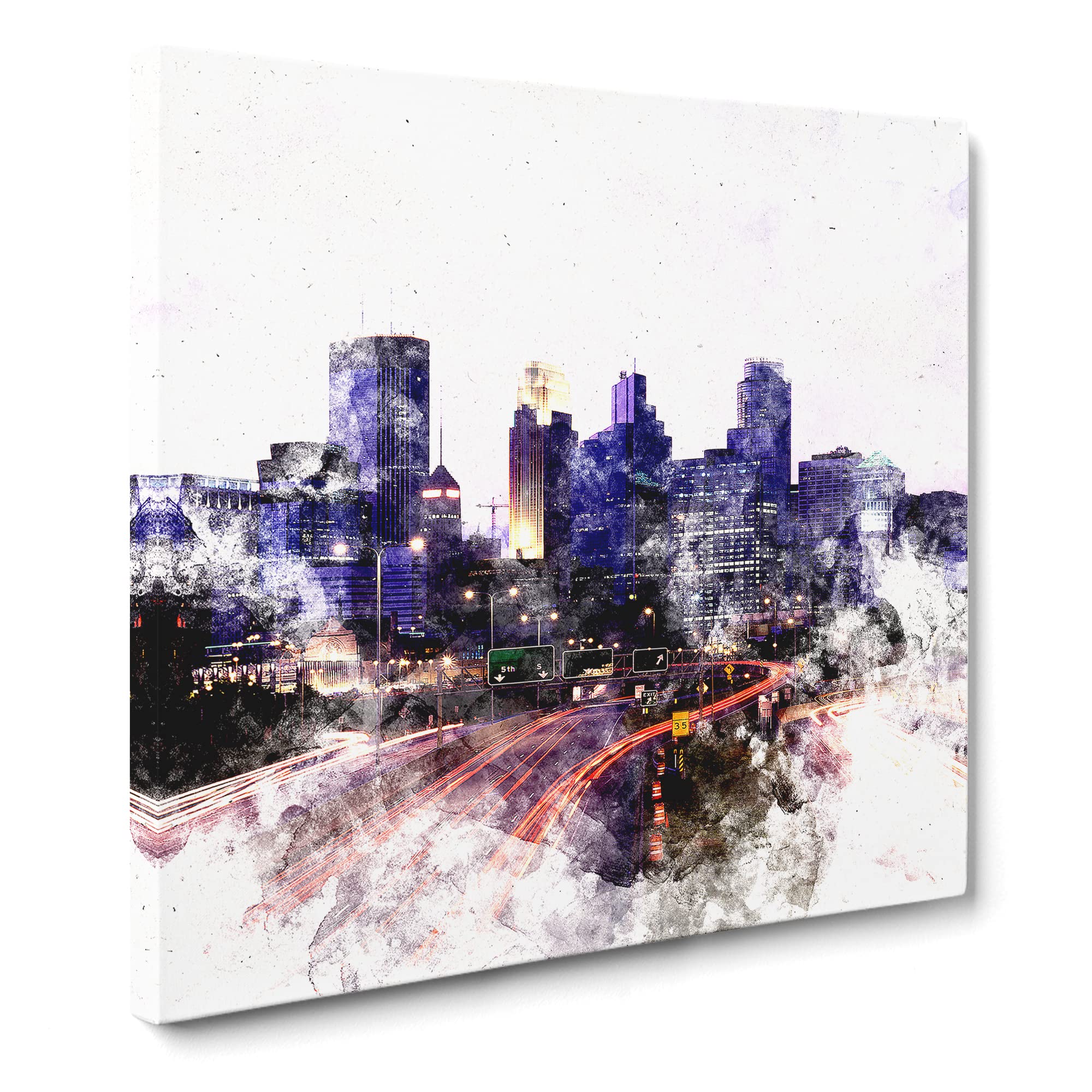 Minneapolis Skyline at Dusk Watercolour Canvas Print, Mixed, 35L x 35W cm