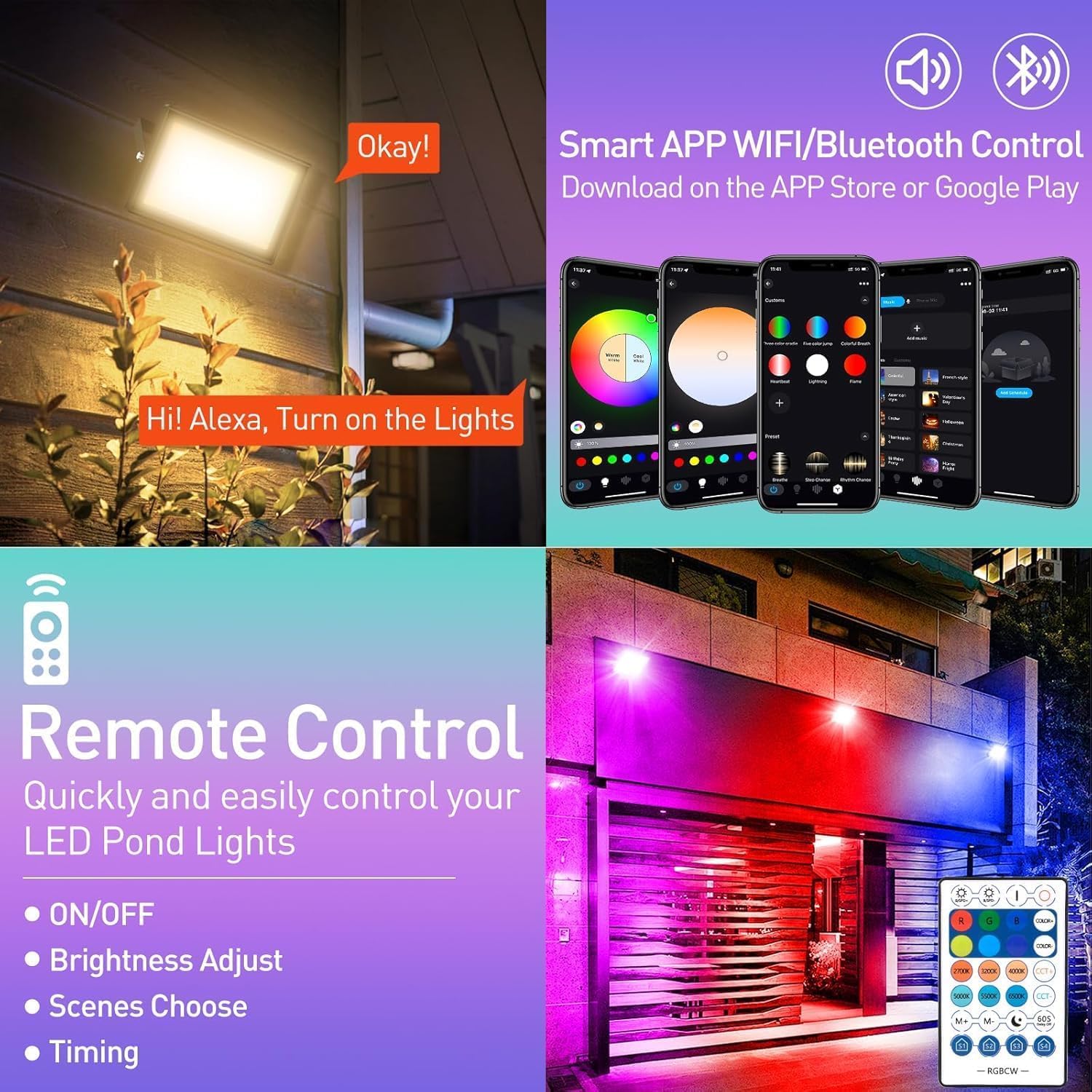LED Strahler Außen RGB 100W, T-SUNUS RGB Strahler Outdoor WIFI mit Fernbedienung Bluetooth APP, IP66 Wasserdicht Flutlichtstrahler für Garten Party Halloween Weihnachten