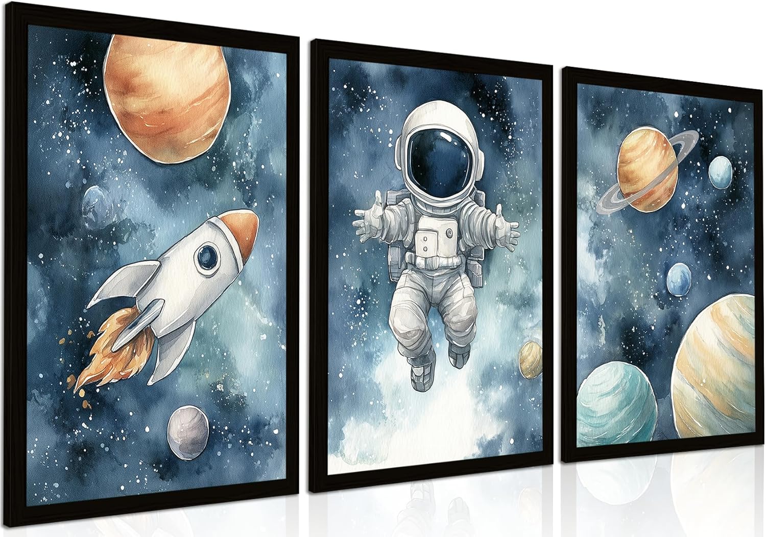 3 Pcs Astronaut Space Wall Art for Boys Room – Framed 12x16 Inch Kids Outer Space Canvas Prints Rocket & Planets Galaxy Nursery Decor for Bedroom Playroom
