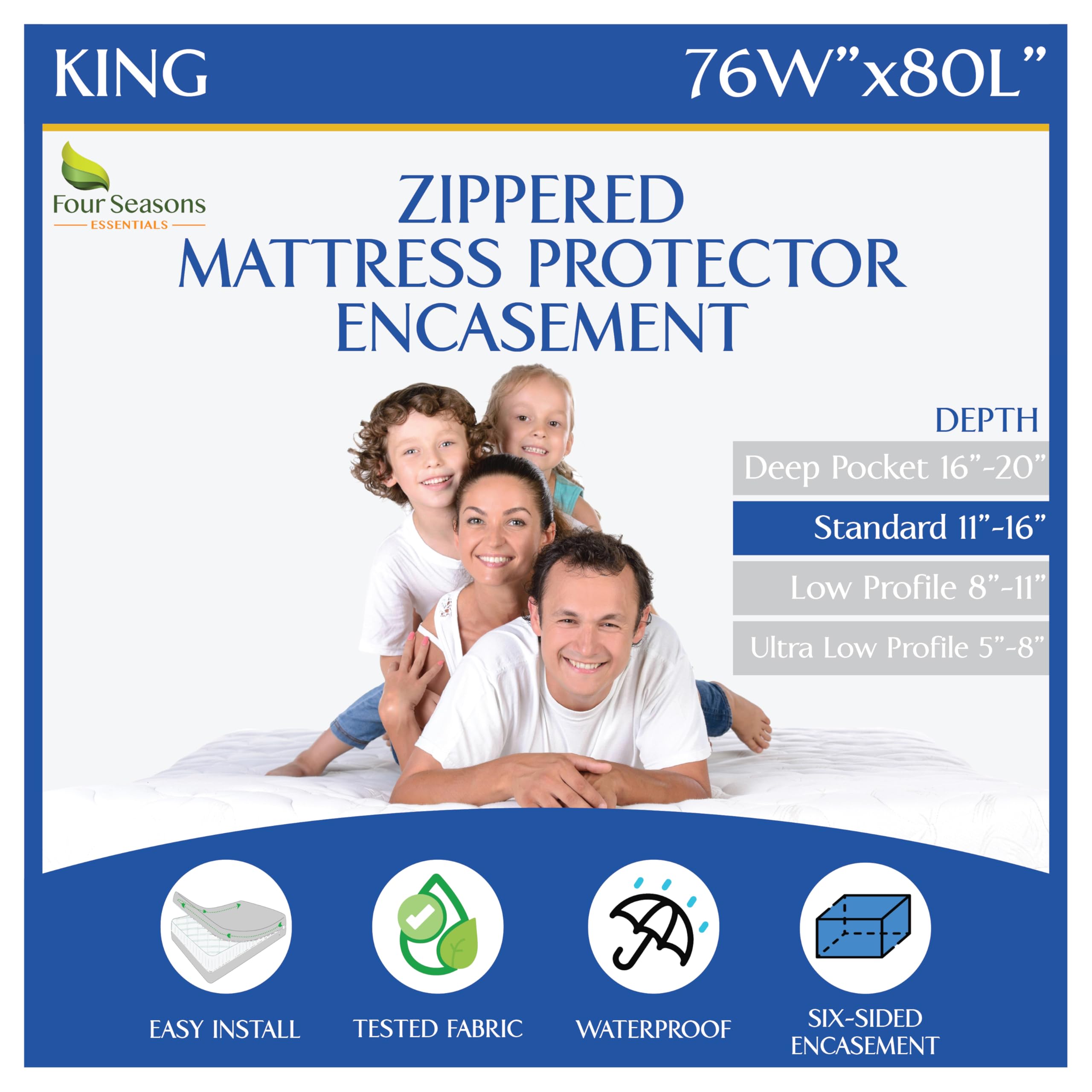 King Zippered Mattress Protector Waterproof Encasement Hypoallergenic Premium Quality Bed Cover Protects Against Liquids, Moisture, Dust, Allergens - Breathable, Noiseless