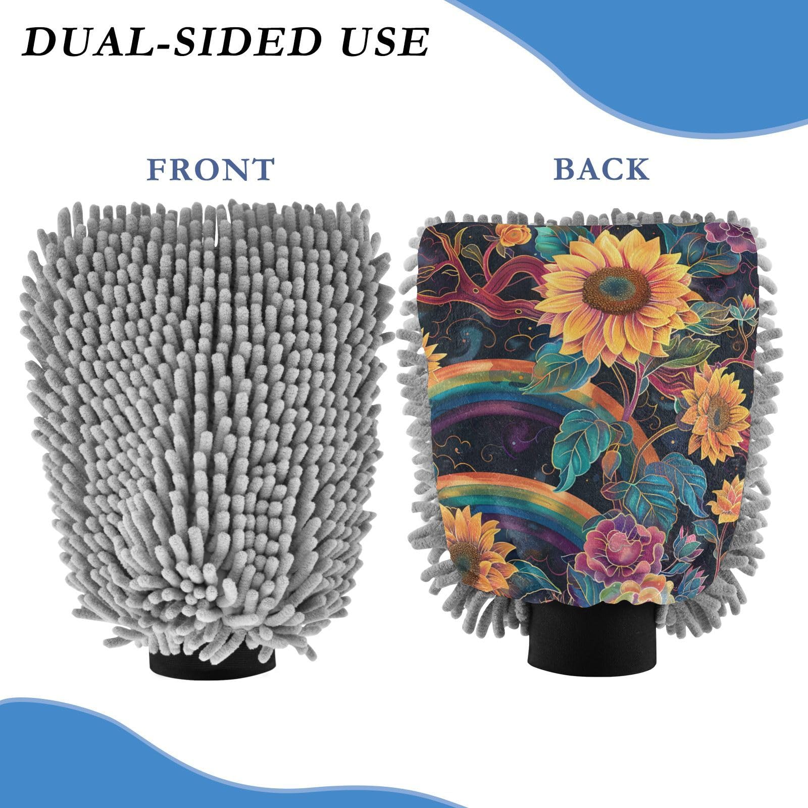IOACIY Absorbent Microfiber Car Wash Drying Mitts, 2 Pack, Scratch-Free & Lint-Free, Rich Foam, Highly Absorbent, Double Sided, Wash Mitt Perfect for Car Washing, M, Sunflower (1)