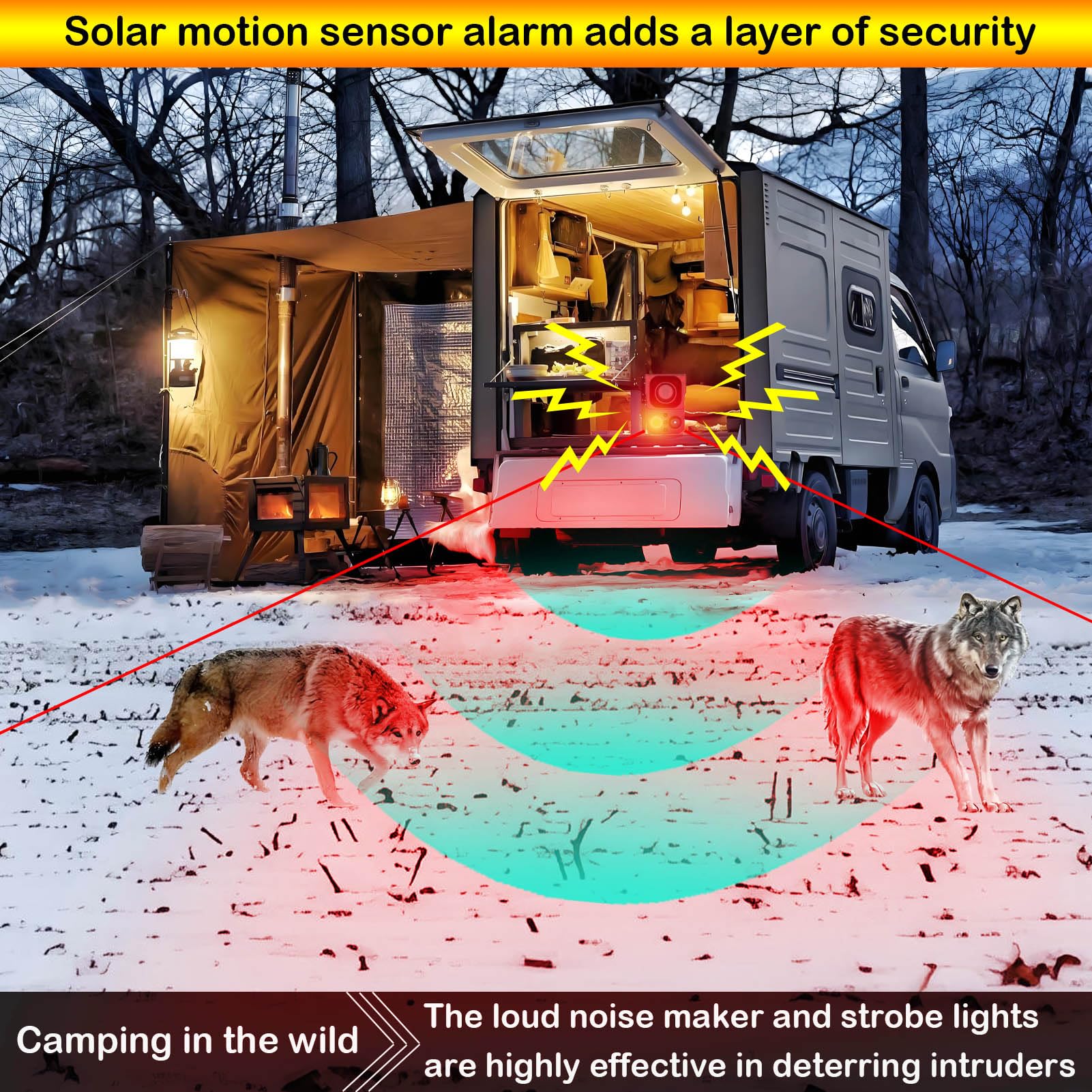Alarma solar con sensor de movimiento para exteriores – sonidos de ladridos de perros, disparos y sirena para exteriores e interiores. Fabricante de ruido fuerte de 130 db. Luz
