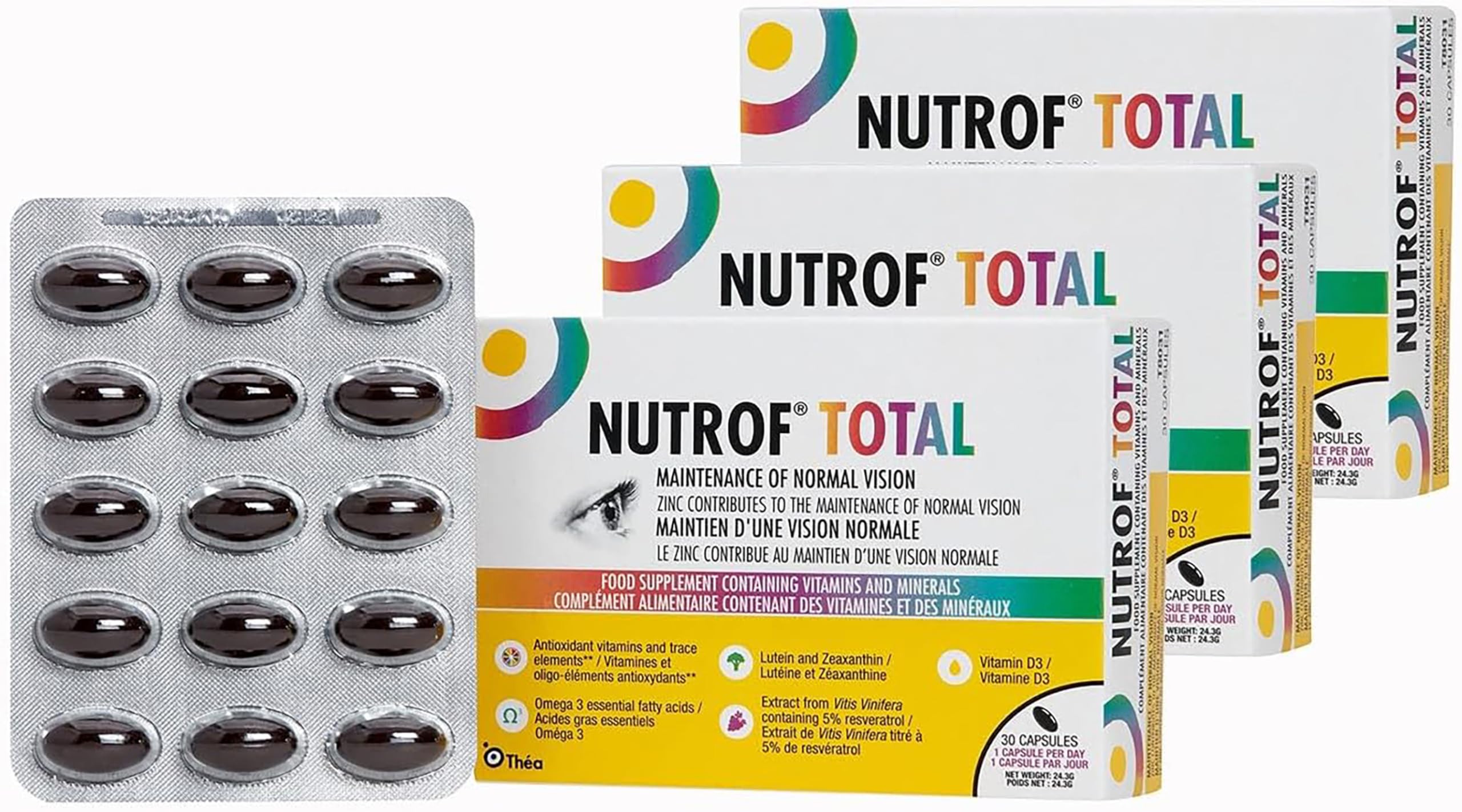 Nutrof Total Capsules – Once Daily Food Supplement with Lutein, Zeaxanthin, Omega 3, and Antioxidants | 3 Pack of 30 Capsules (1 Capsule per Day - 3-Month Supply)