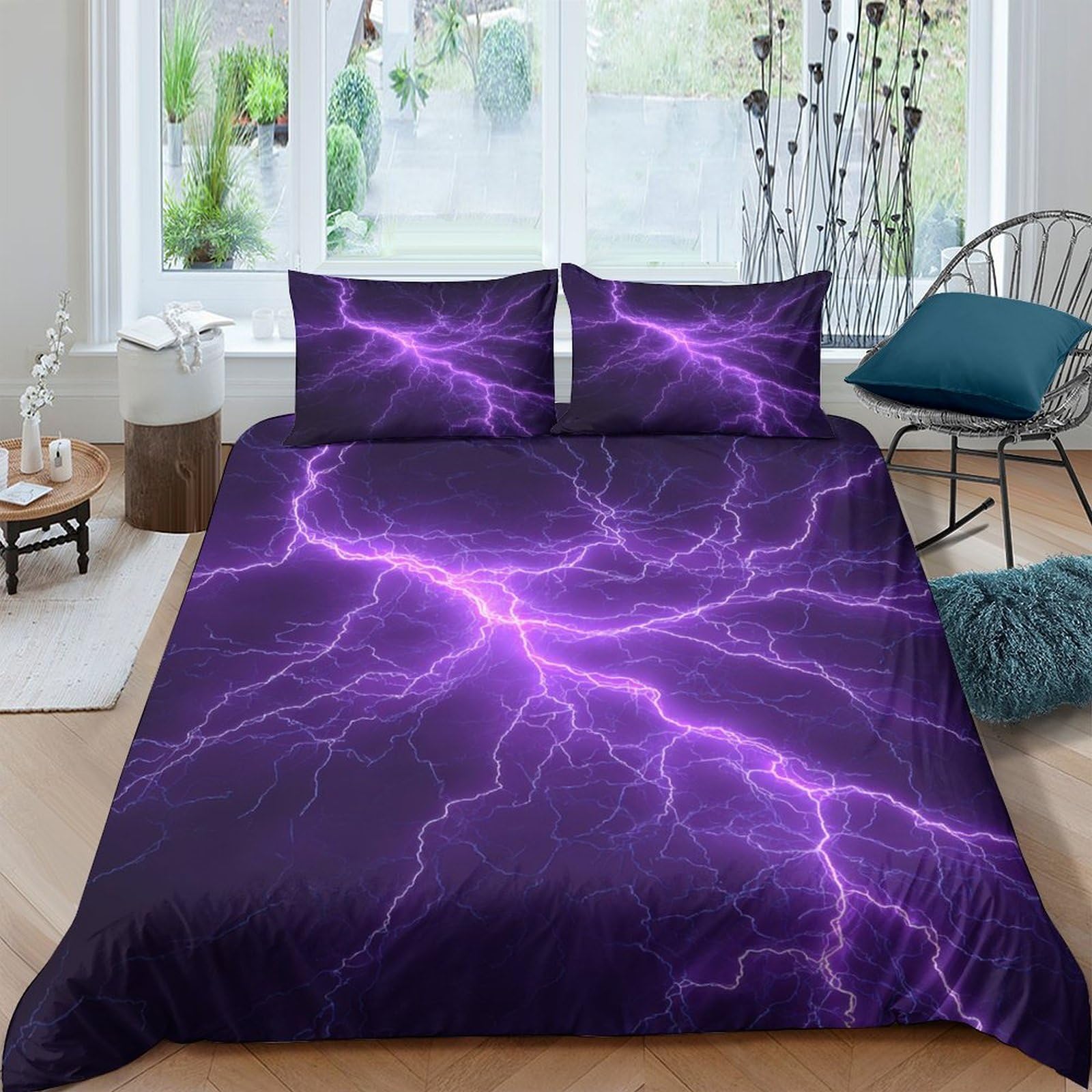 Ctjqhvkz Style-5 3D Printed Purple Lightning Fitted Sheet Microfiber Soft Anti-Slip Thunder Mattress Cover Bedroom Decor Single（135X200cm）