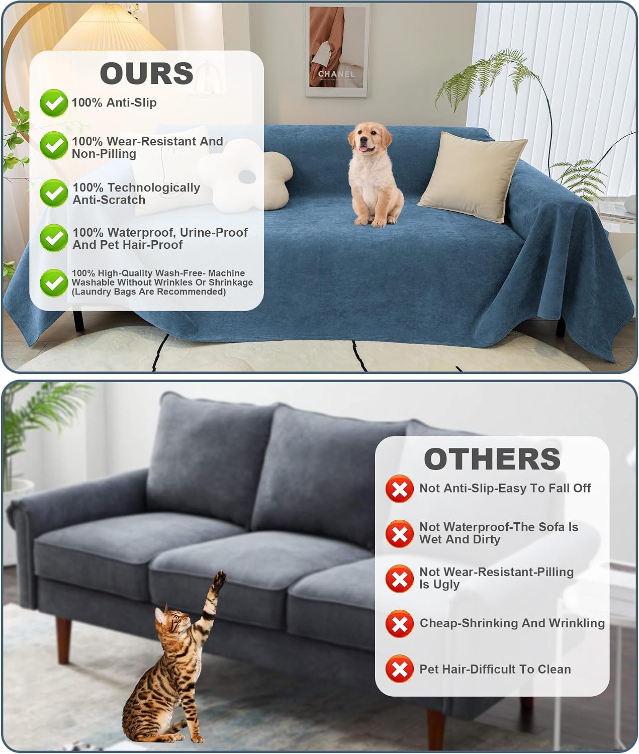Beacon Pet Sofa Cover for 3 Seat Dog Couch, Waterproof Couch Cover for Love Seat & L Shape Sofa (Navy, 71" X134")