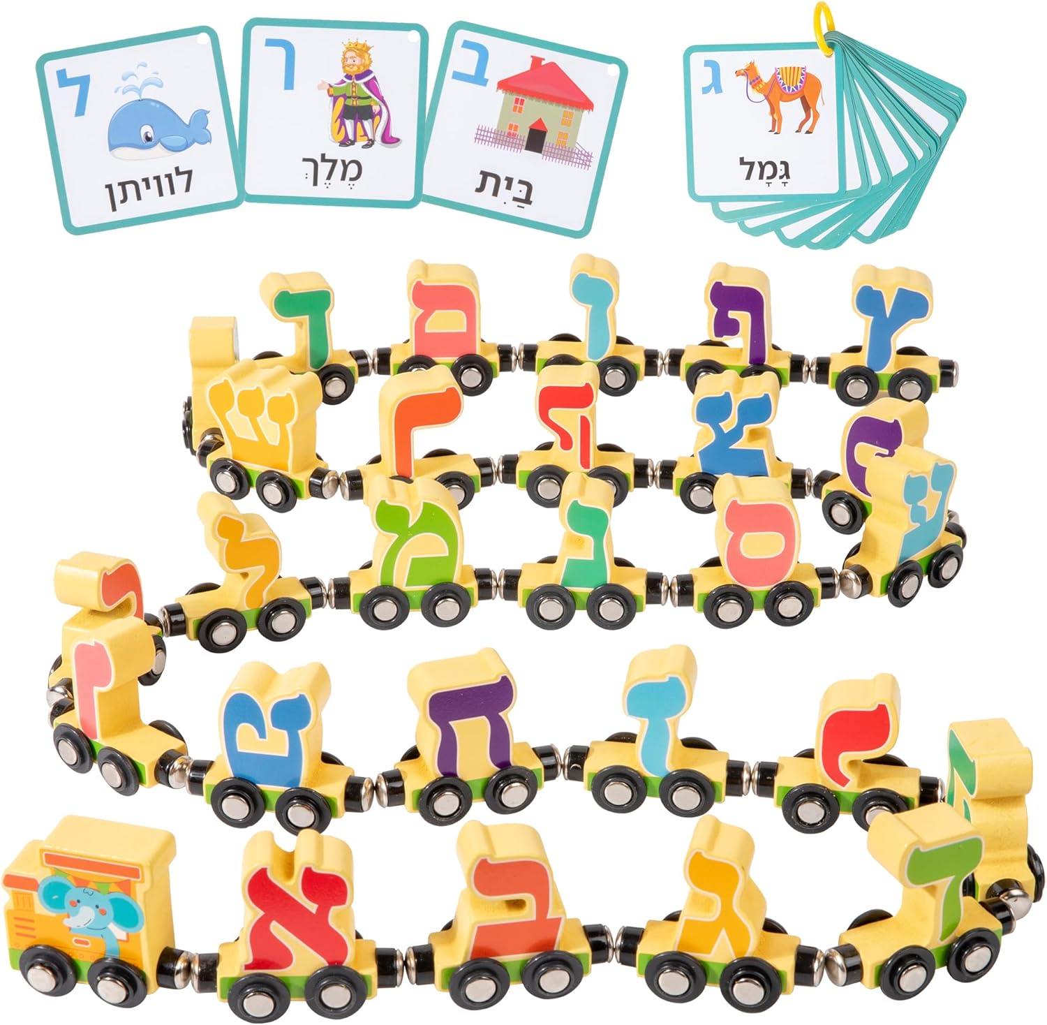 Hebrew Alphabet Train for Kids – Wooden Magnetic Alef-Bet Train Cars with Flash Cards – Learn Hebrew Letters Through Hands-On Play