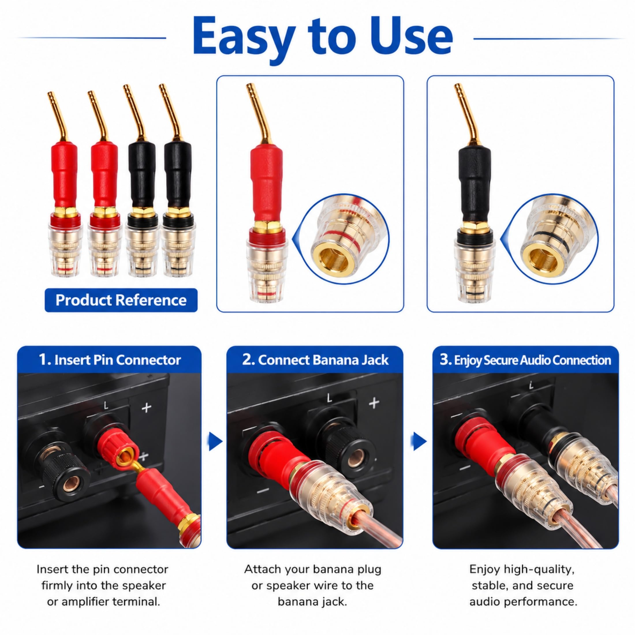Lot de 4 fiches bananes vers fiche banane femelle de 4 mm pour haut-parleur - Connecteurs de borne de connexion plaqués or 24 carats