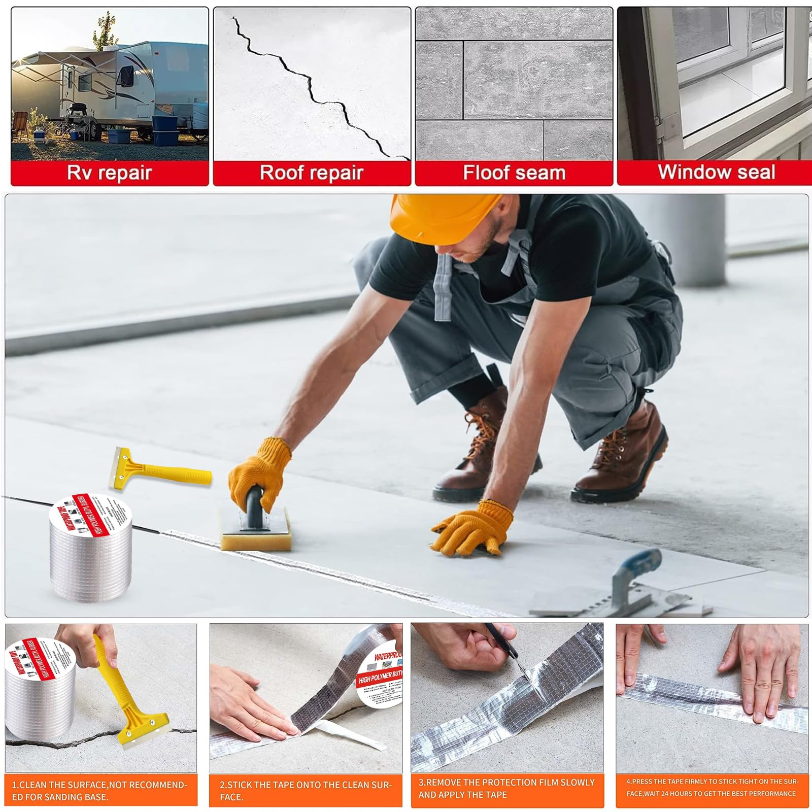 Nastro Butilico Impermeabile con Foglio di Alluminio 4in x 16ft, Nastro Sigillante Super Adesivo con Spatola Inclusa, Ideale per Riparazioni Tetto Camper, Perdite su Finestre, Tubi e Barche