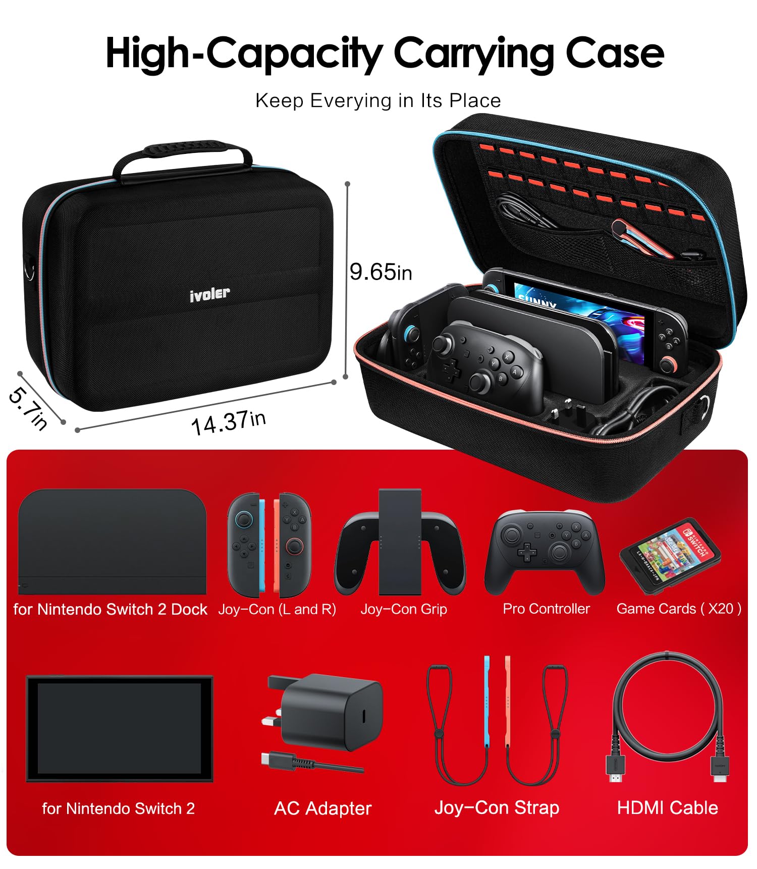 ivoler Carrying Storage All in One Case for Nintendo Switch 2 (2025),Portable Travel All Protective Hard Messenger Bag Soft Lining 20 Games for Switch 2 Console Pro Controller Accessories Black - Nintendo Switch 2 - Very Good - Used Accessory - Image 3