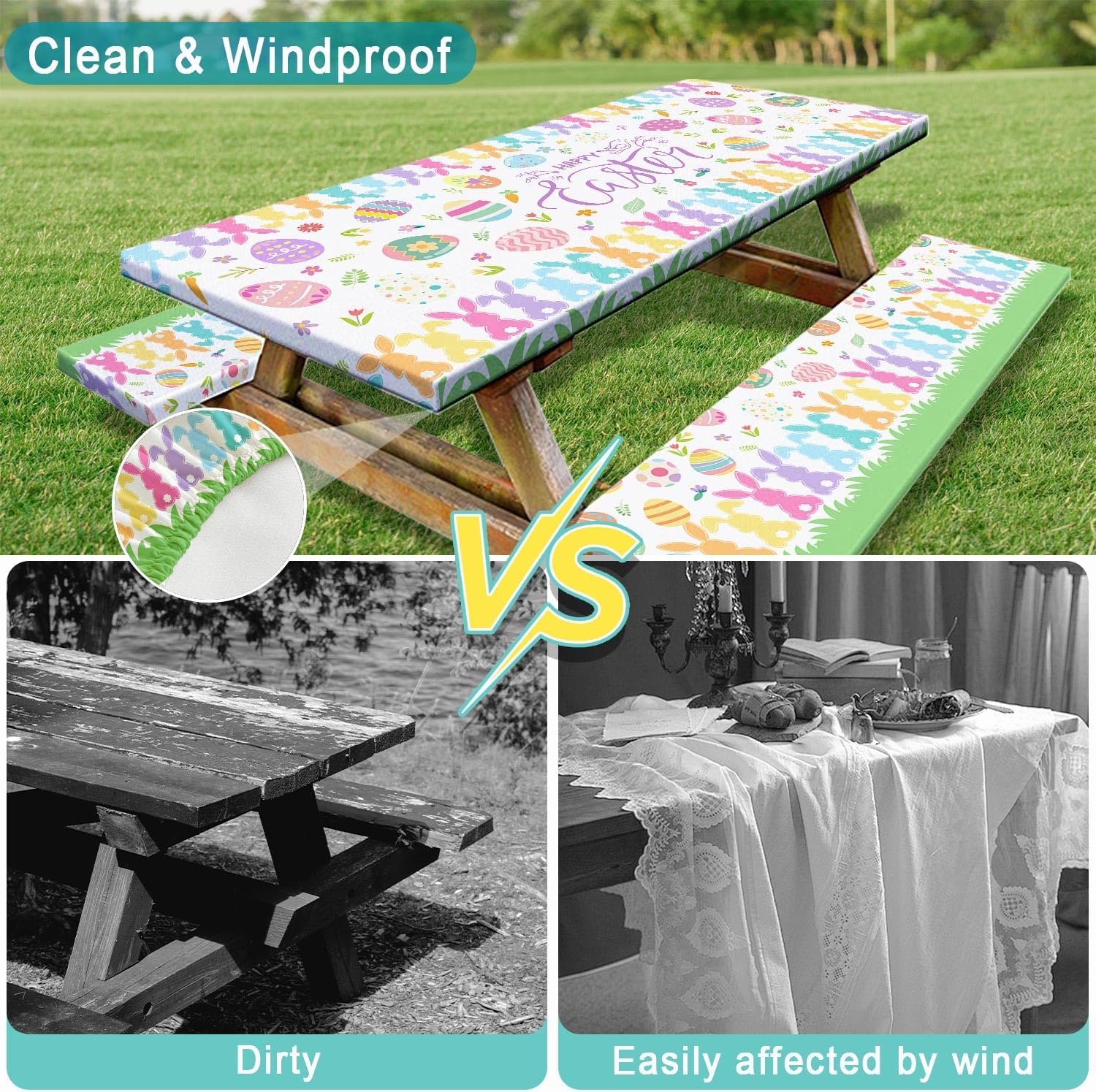 DYNH Easter Picnic Table Cover with Bench Covers with Bag, 8Ft Colorful Easter Rabbit Eggs Waterproof Fitted Picnic Table Cloths Elastic Outdoor Picnic Tablecloth for Camping Patio Travel Essentials