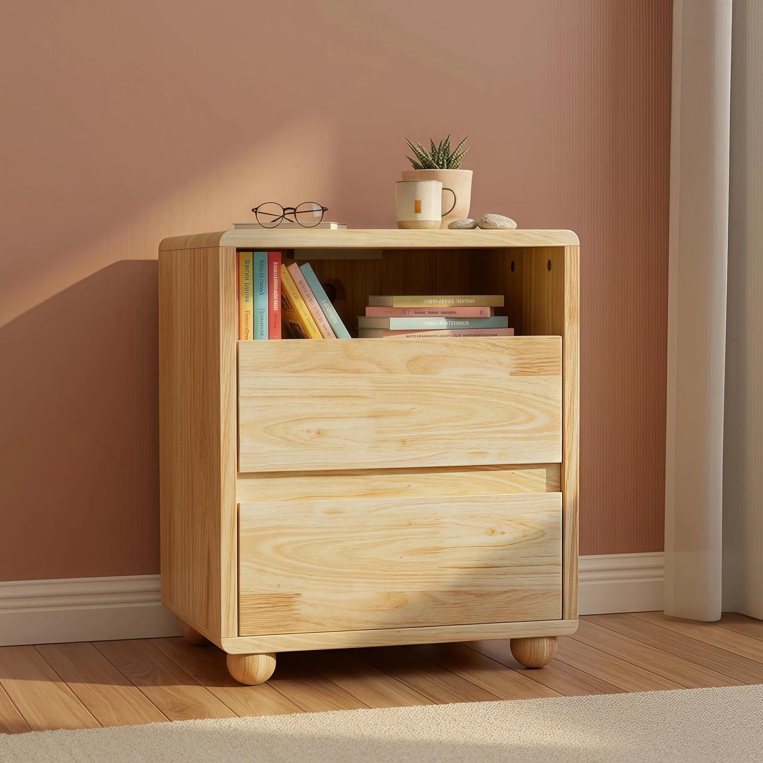 Solid Wood Nightstand Small Bedside Table with Charging Station Natural Wood Night Stand No Assembly Required with 2 Drawers for Bedroom, Office, Natural Wood Color