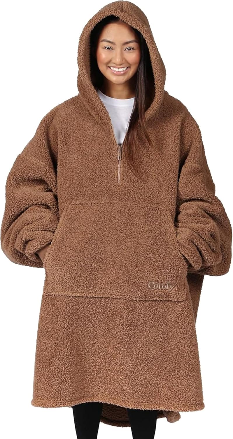THE COMFY Teddy Bear Quarter-Zip|Oversized All Sherpa Wearable Blanket With Zipper, Seen On Shark Tank