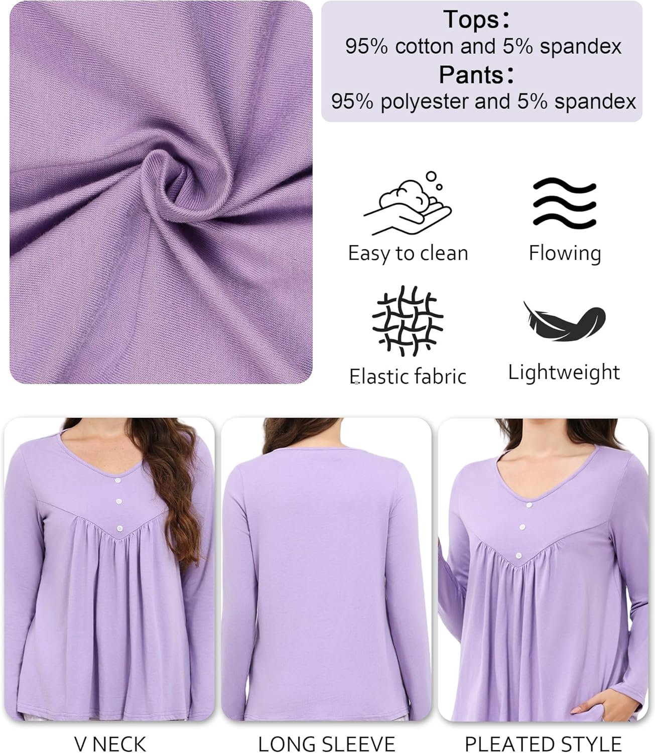 Womens Cotton Pajama Sets Long Sleeve Tops and Full-Length Sleepwear Set Two-Piece Pjs with Pockets Soft Loungewear - Image 5