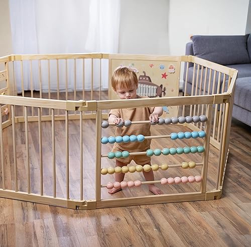 Miniatura 9 de Corralito de madera extra grande para niños pequeños y bebés, diseño de juguete bajo el mar, (810), paneles de madera, plegable y ajustable,