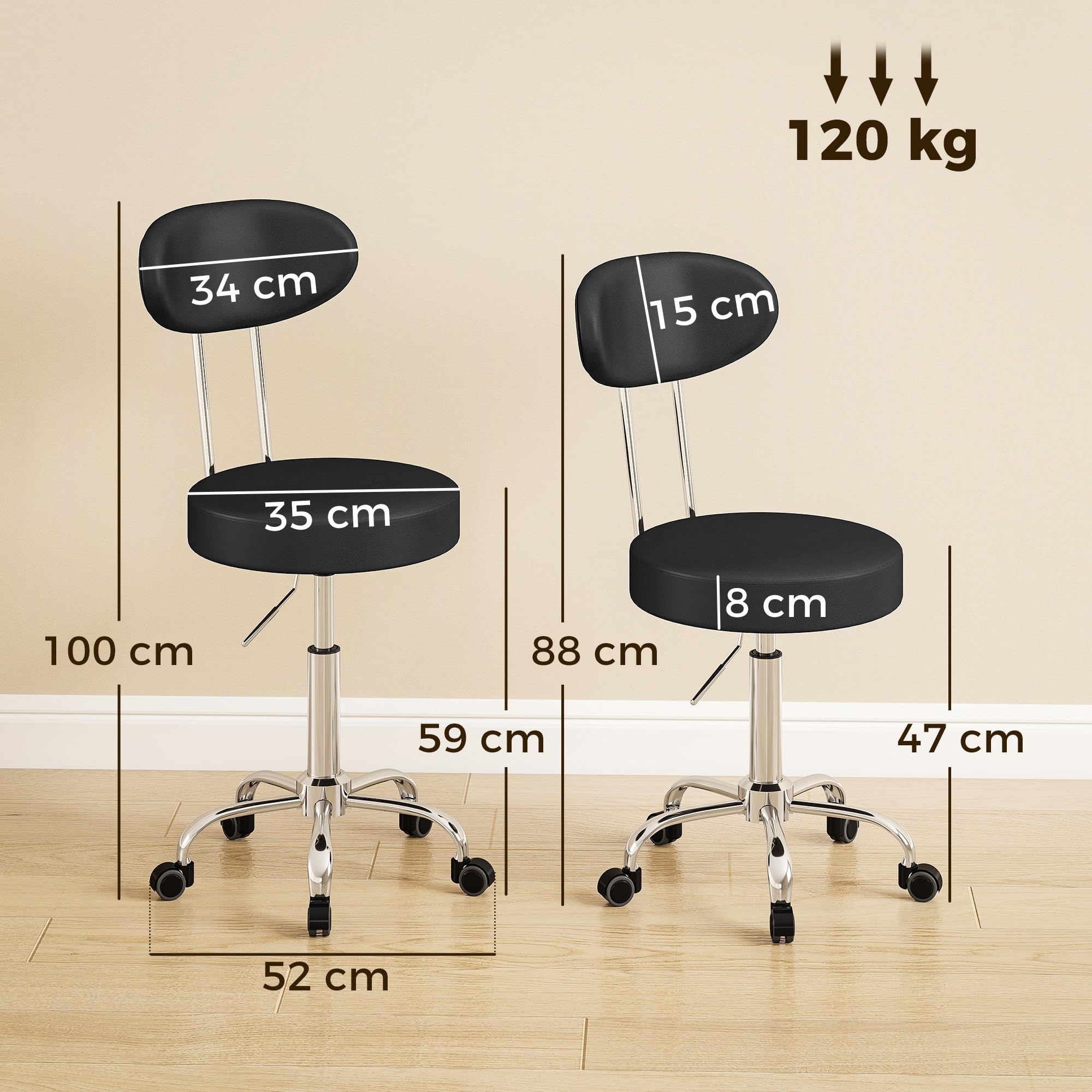 HOMCOM Taburete con Ruedas, Altura Regulable con Asiento Acolchado Negro