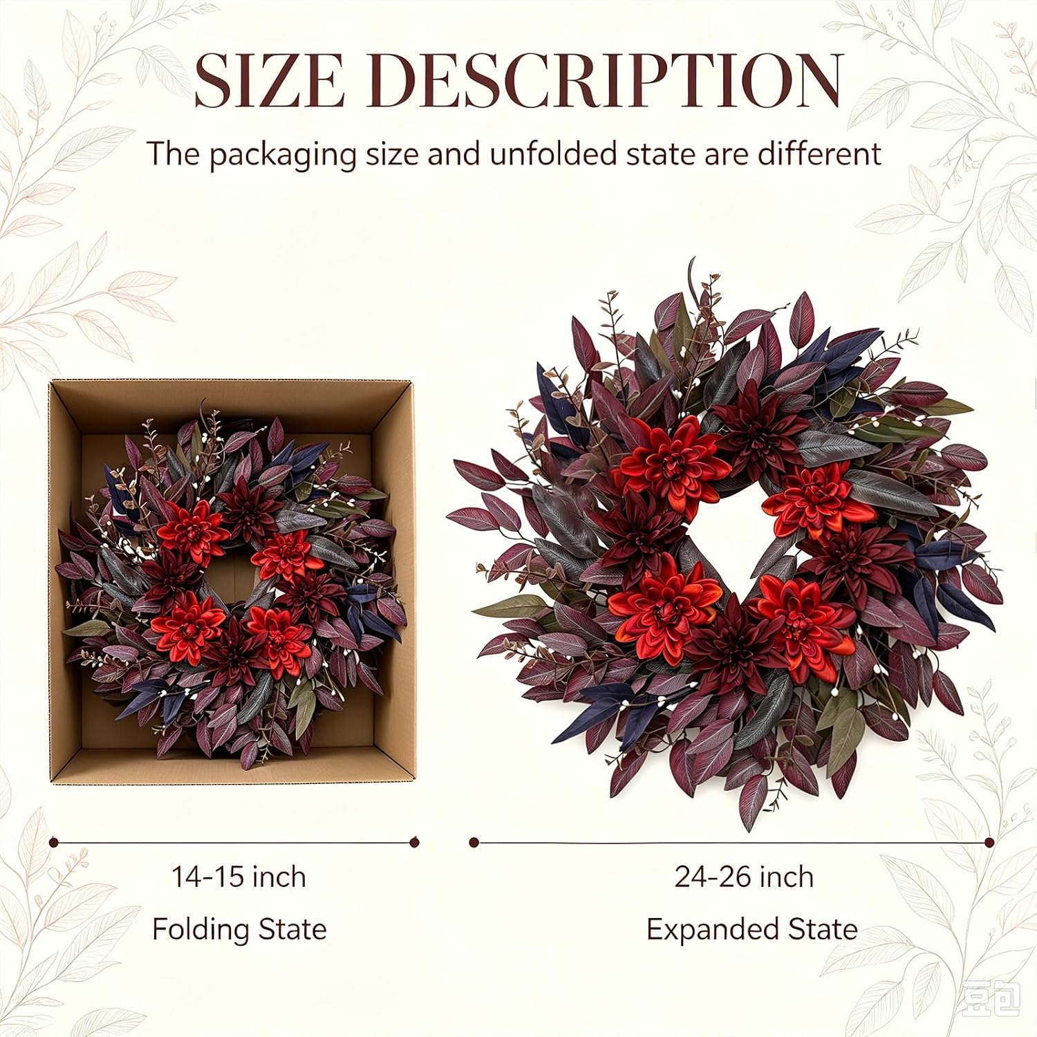 Fall Wreath for Front Door, Artificial Autumn Wreath with Dark Purple Leaves & White Berries, Farmhouse Wreath for Halloween Thanksgiving Indoor Outdoor Home Decor image 5