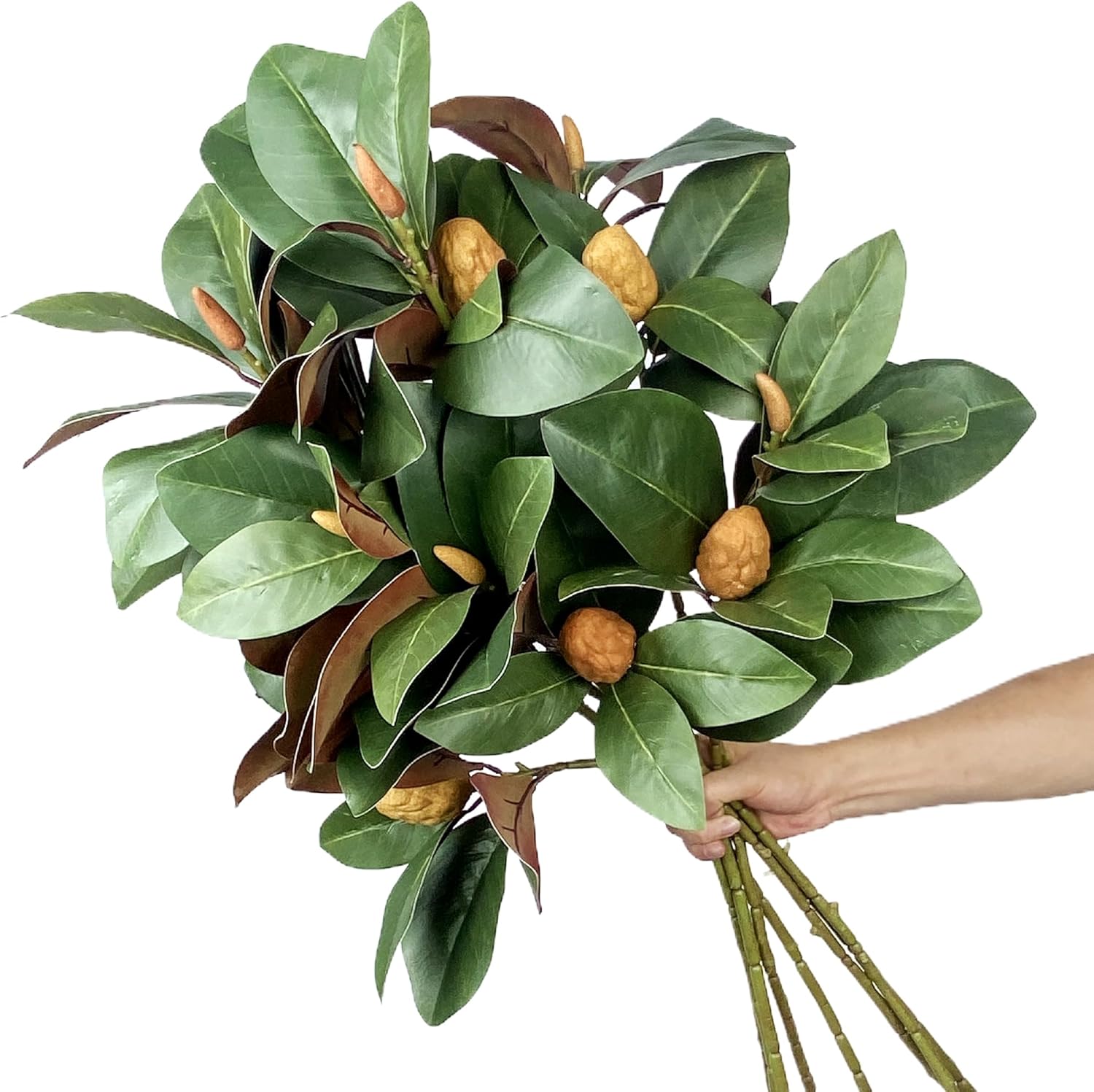 8Pcs - Long 32 Inch Artificial Magnolia Branches with Leaves and Fruit 3D Plastic Printing Houseplant Greenery for Indoor Outdoor Home Wedding Table Centerpiece Decor (Green - Pack of 8)