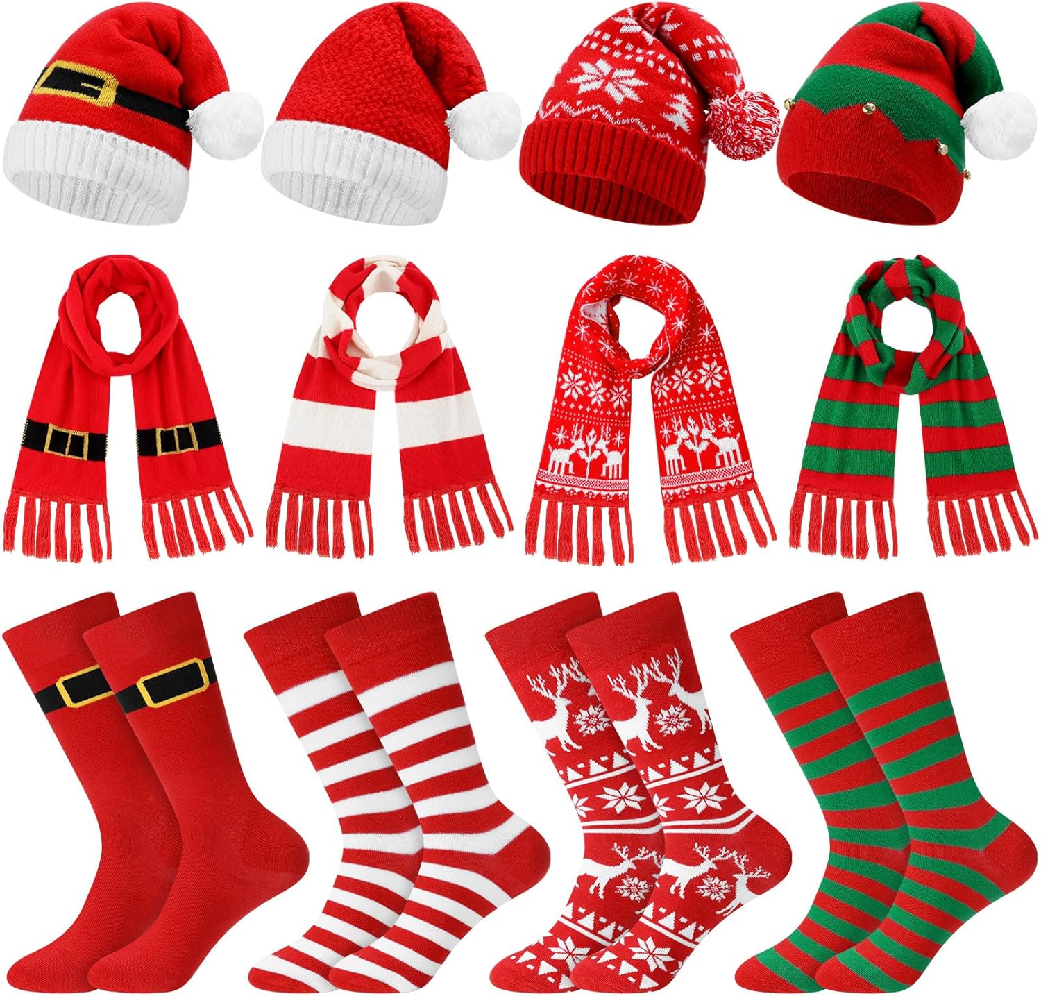 Liitrsh 12 Pack Christmas Winter Accessories Set, 4 Christmas Beanies 4 Knitted Scarves and 4 Pairs of Holiday Socks Soft Warm Xmas Hat Scarf Sock Set for Family Parties Gifts