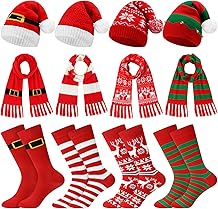 Liitrsh 12 Pack Christmas Winter Accessories Set, 4 Christmas Beanies 4 Knitted Scarves and 4 Pairs of Holiday Socks Soft Warm Xmas Hat Scarf Sock Set for Family Parties Gifts