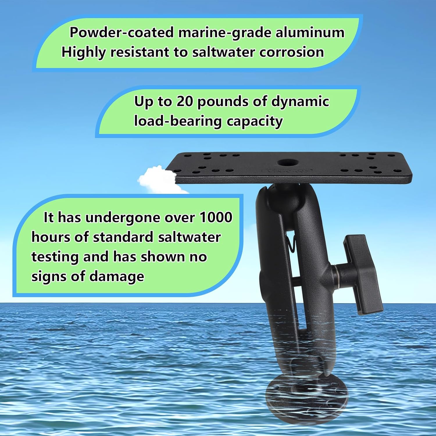 Universal Marine Fish Finder Mount, Aluminum Alloy Medium Arm Bracket with 1.5" Ball Mount Plate & Base, Compatible with Garmin Lowrance Humminbird Chartplotter Marine Electronics