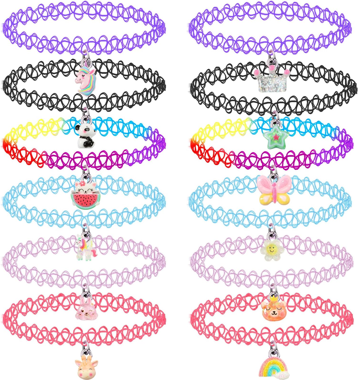 12PCS Choker Necklace Set for Kids Teens Girls Women, Pendant Charm Unicorn Rainbow Panda Cat Heart Flower Mermaid Chokers Henna Tattoo Stretch Elastic Black Pink Green Blue Red