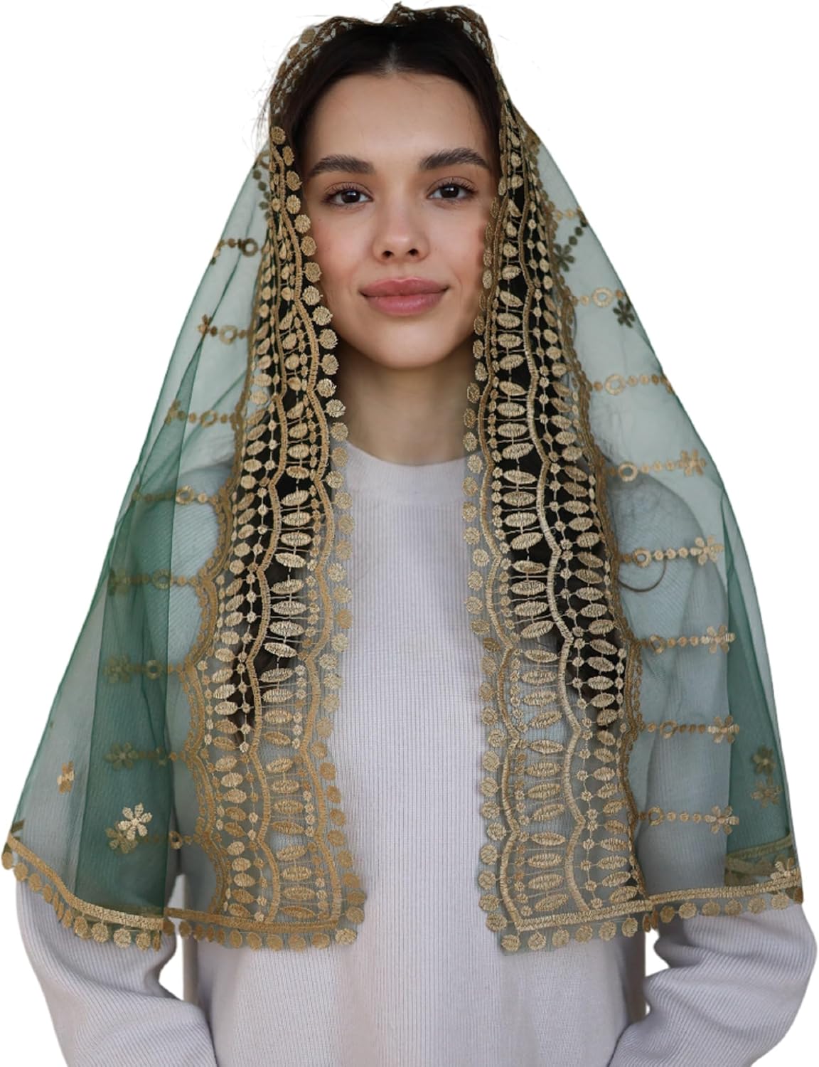 Catholic Mantilla Mass Veil - Triangle Cross Embroidery Church Lace Veil Spanish Chapel Mass Head Covering Long