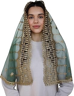 Catholic Mantilla Mass Veil - Triangle Cross Embroidery Church Lace Veil Spanish Chapel Mass Head Covering Long
