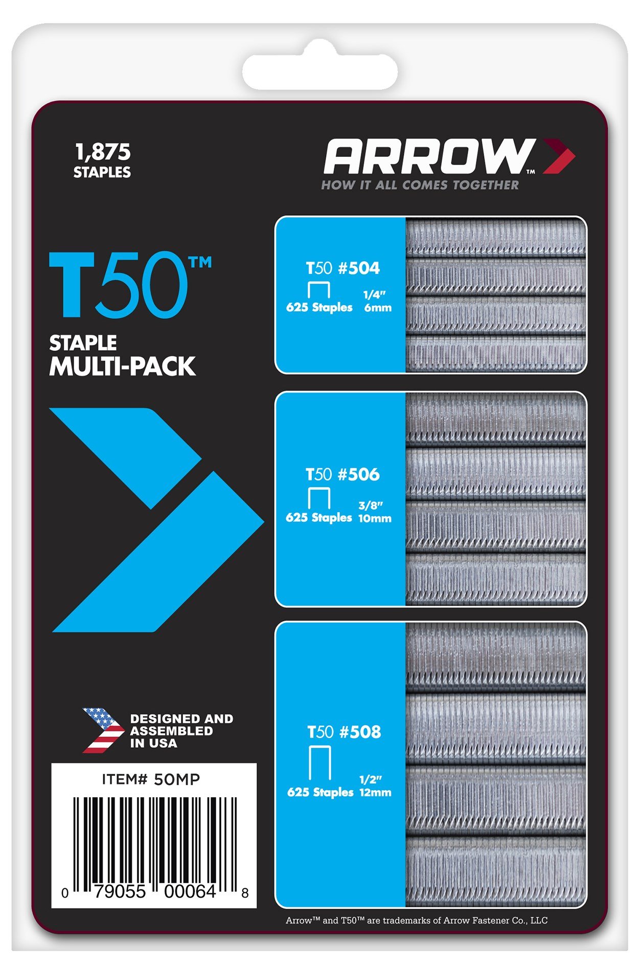 50MP Arrow T50 Staple Multi-Pack with T50 1/4", 3/8" and 1/2" Heavy Duty Staples
