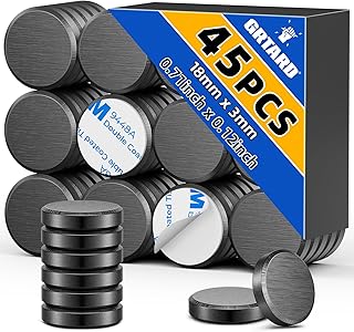 Grtard 45 Pack Ceramic Magnets with Adhesive Backing, Small Round Disc for Crafts, DIY, Science, Hobbies, Projects - Flat Circle Ferrite Industrial Magnets, 0.71inch x 0.12inch
