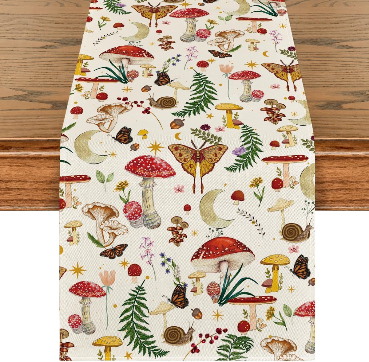 Artoid Mode Beige Modern Mushroom Table Runner, Seasonal Botanic Farmhouse Kitchen Dining Table Decoration for Home Party Decor 13x72 Inch