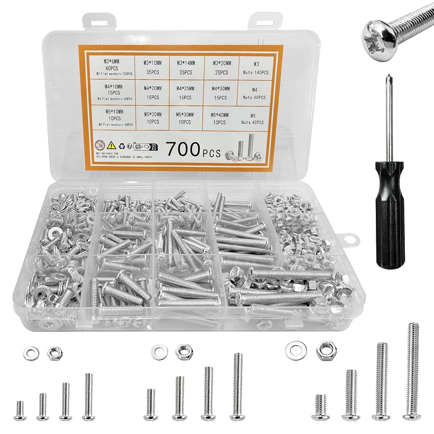 700PCS Metric Screw Set, Phillips Round Head Machine Screws, M3 M4 M5 Nuts and Bolts Assortment Kit, All-in-One Set for Electronics Devices, Appliance Repair, Electric Bike and Handmade DIY