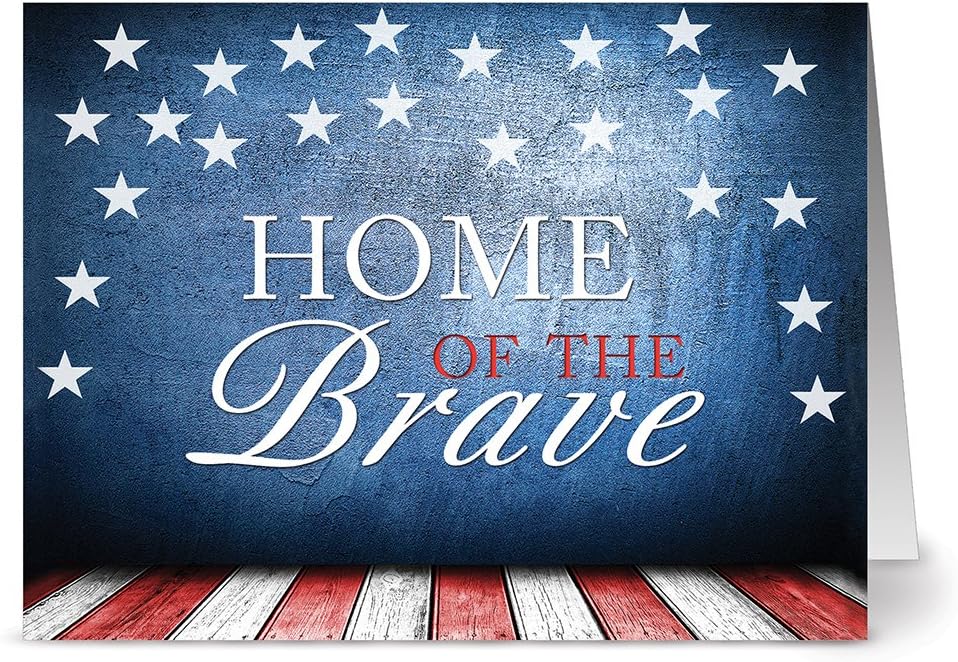 Note Card Cafe Patriotic Card with Red Envelopes | 36 Pack | Blank Inside, Glossy Finish | 6 Various Home of the Brave Designs | Bulk Set for Christmas, Thank You, Greetings