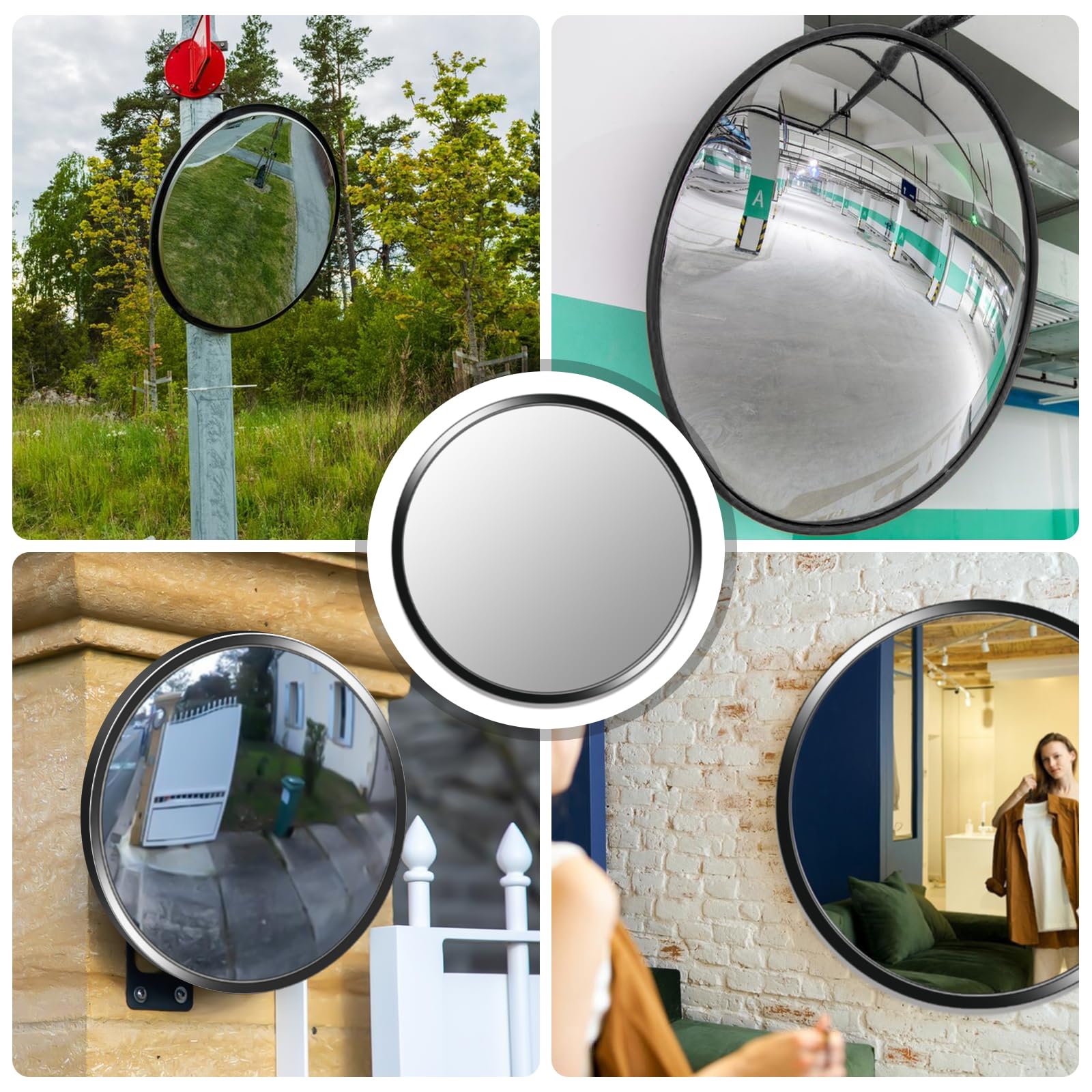Miroir de circulation : miroir convexe de 30 cm, grand angle, rond, parabolique, miroir panoramique pour garage, trafic, allée, cour, entrepôt, utilisation en extérieur et en intérieur, noir