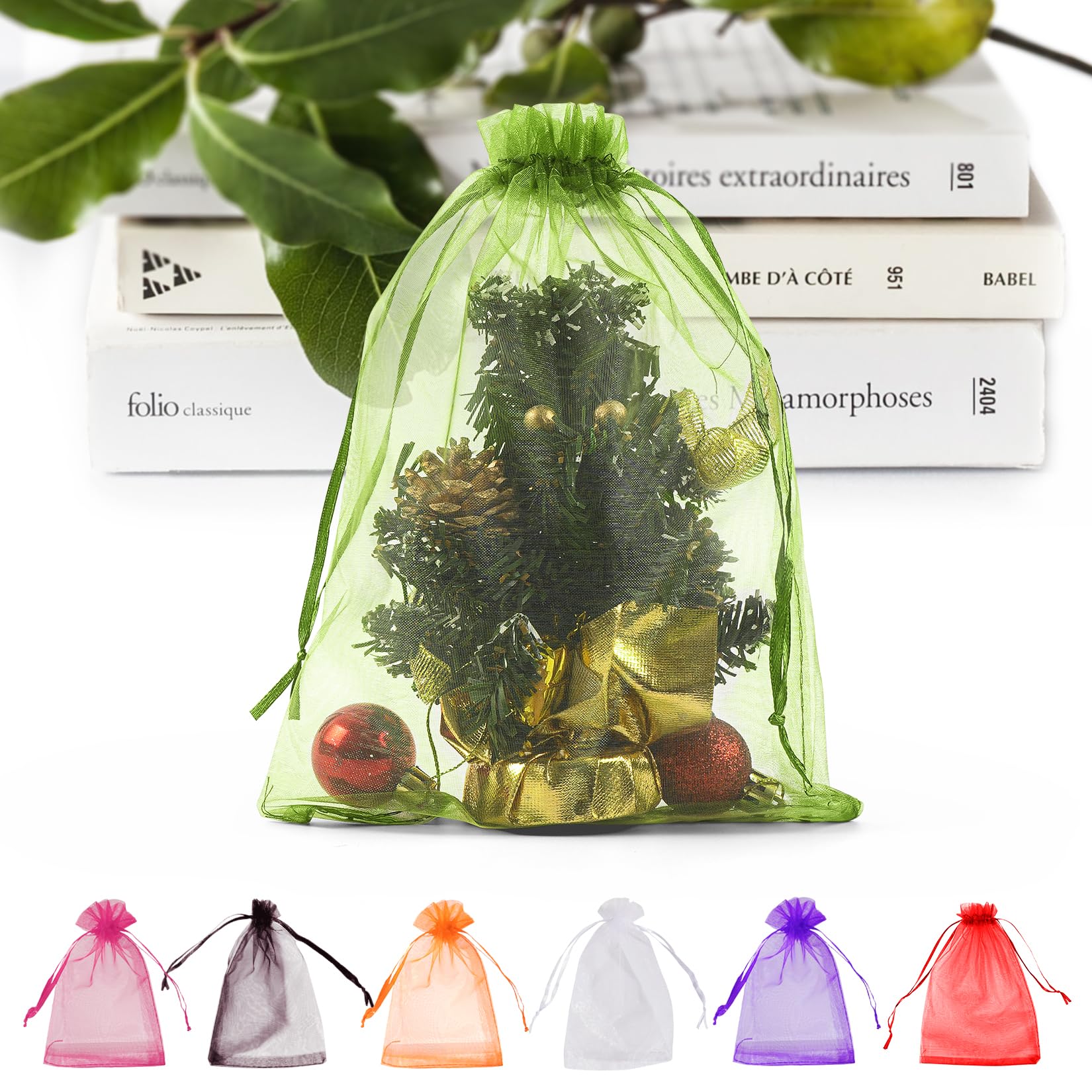 ANZNKU 50 Pack Green Organza Bags 6x9 inches Mesh Bags Drawstring, Gift Pouch for Saint Patrick's Day Party Wedding Candy Favor, Easter Sheer Organza