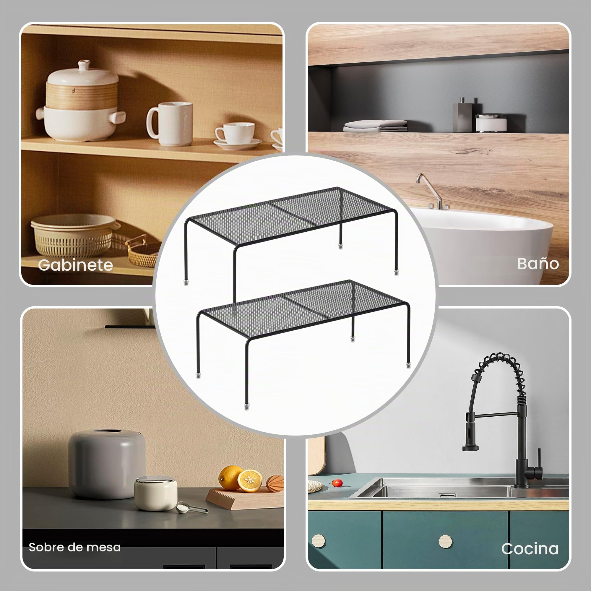 STOTSELL Set de 4 Estantes Organizadores para Armario de Cocina, Estanterías Apilables de Malla Metálica con Pies Antideslizantes, Almacenamiento Resistente para Despensa, Negro