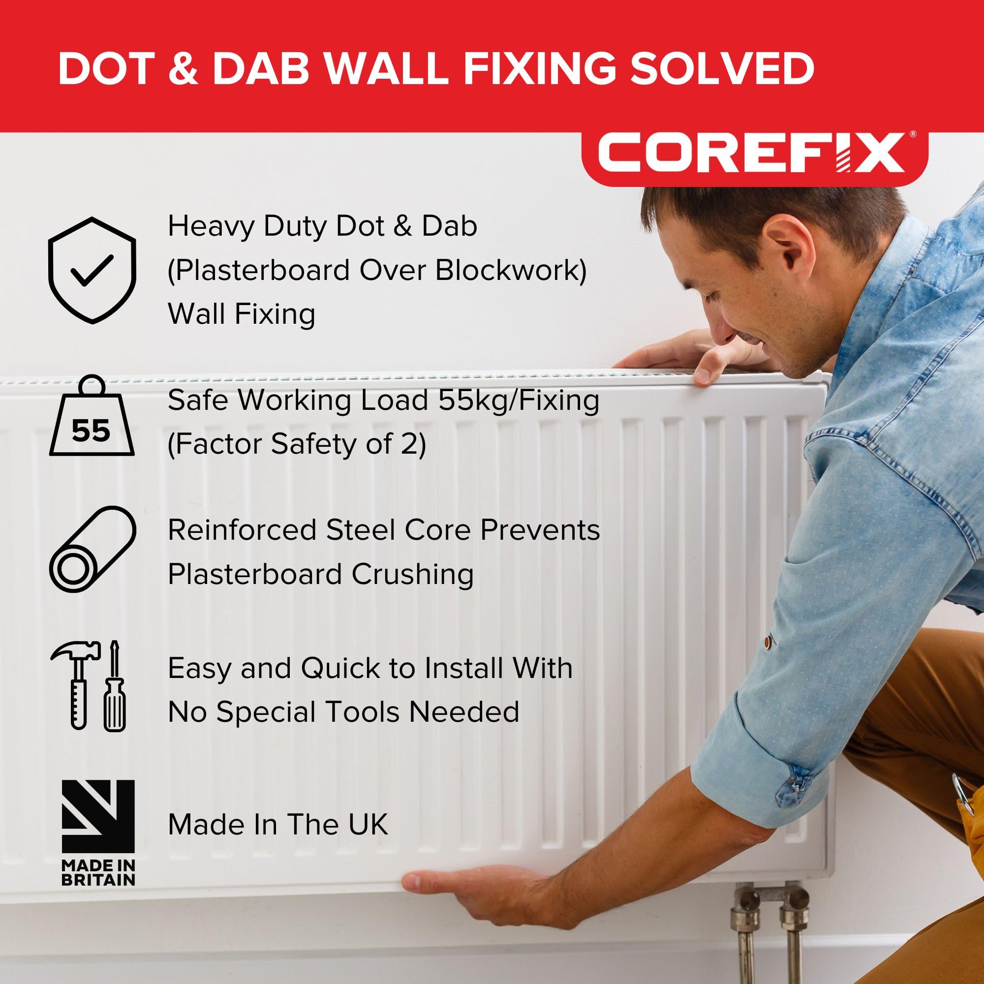 Corefix Fijaciones de pared resistentes de 100 mm con puntos y dab – tacos y tornillos de pared de yeso sobre bloques – para televisores, radiadores, estanterías y más – Soporta 55 kg por fijación