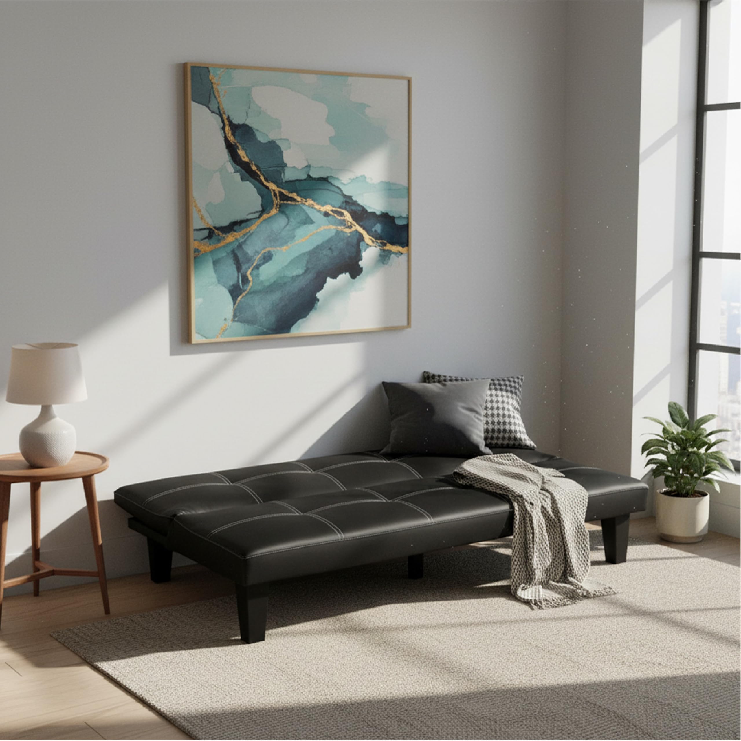 Baroni Home Sofá cama de piel sintética de 3 plazas convertible en cama acolchado, sofá reclinable con patas de plástico para salón, habitación de invitados, apertura 88 cm, 166 x 75 x 70 cm, piel
