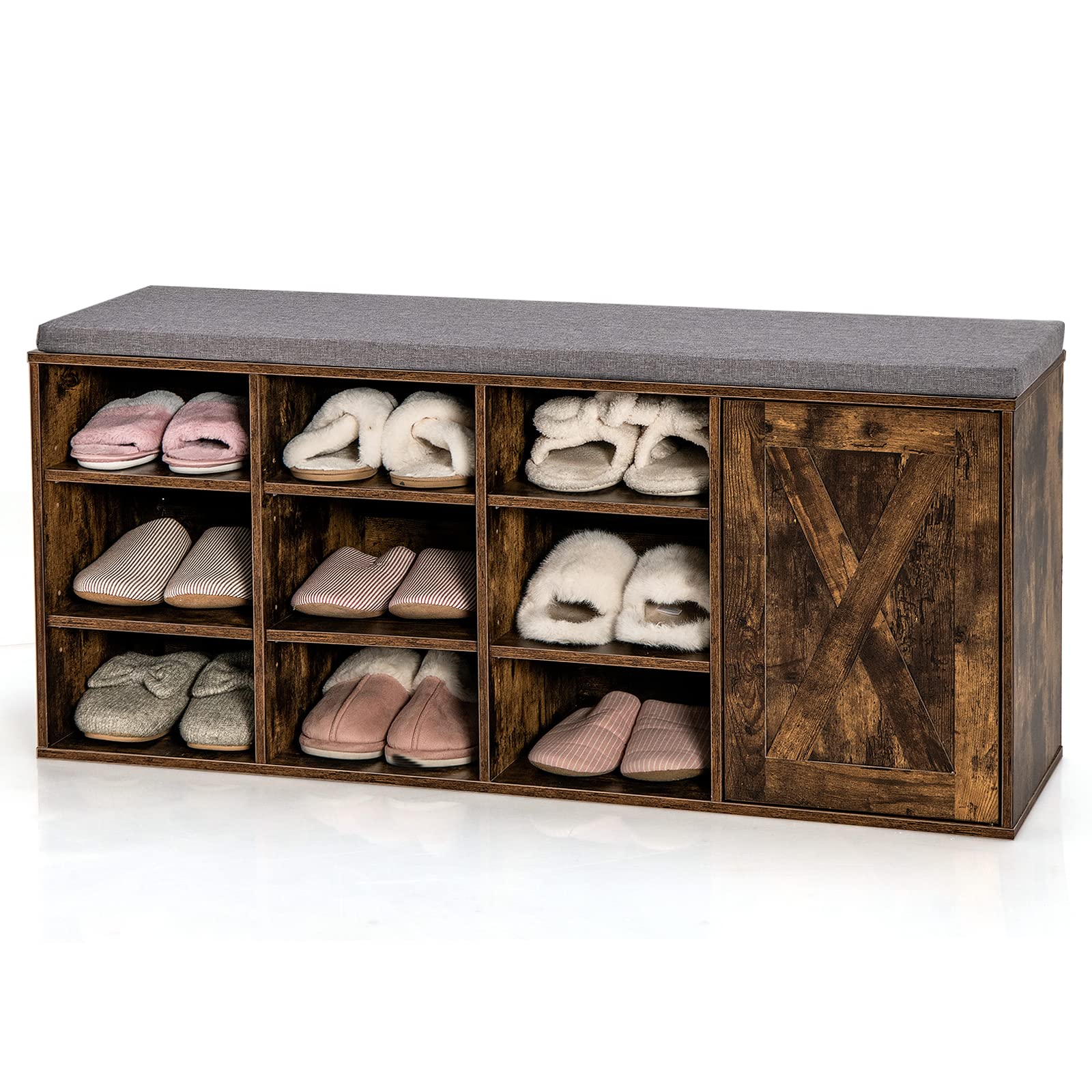 COSTWAY Panca Scarpiera da Ingresso, Scarpiera con Seduta Imbottito, 9 Scomparti e Armadio con Ante, Panca Contenitore con Ripiani Regolabili, per Camera da Letto Corridoio, 110,5x30x49 cm (Marrone)