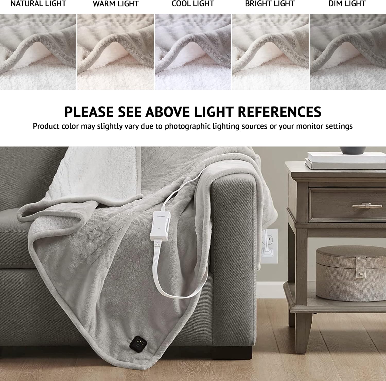 Beautyrest Plush to Sherpa Reversible Electric Blanket, Built-in Soft Button Controller, Auto Shut Off, Multi Heat Setting, UL Certified, Machine Washable Heated Throw, 50x60 Grey