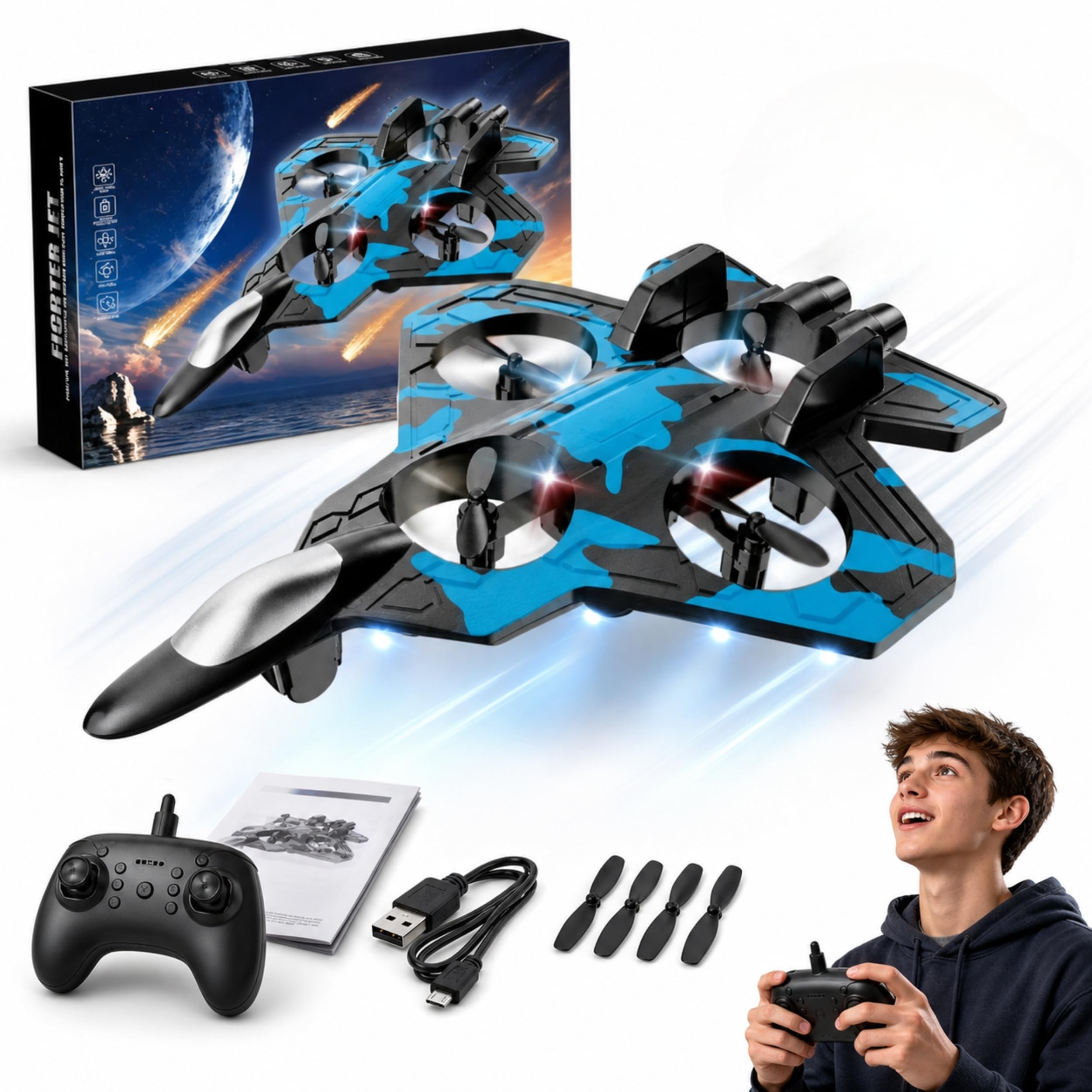 SGM Blue Storm Fighter Jet RC Drone for Kids, 360° Flip Quadcopter Aeroplane with LED Night Lights & Spiral Wing Guards, Crash-Resistant Remote Control Toy, Indoor Outdoor Stunt Drone- BK5
