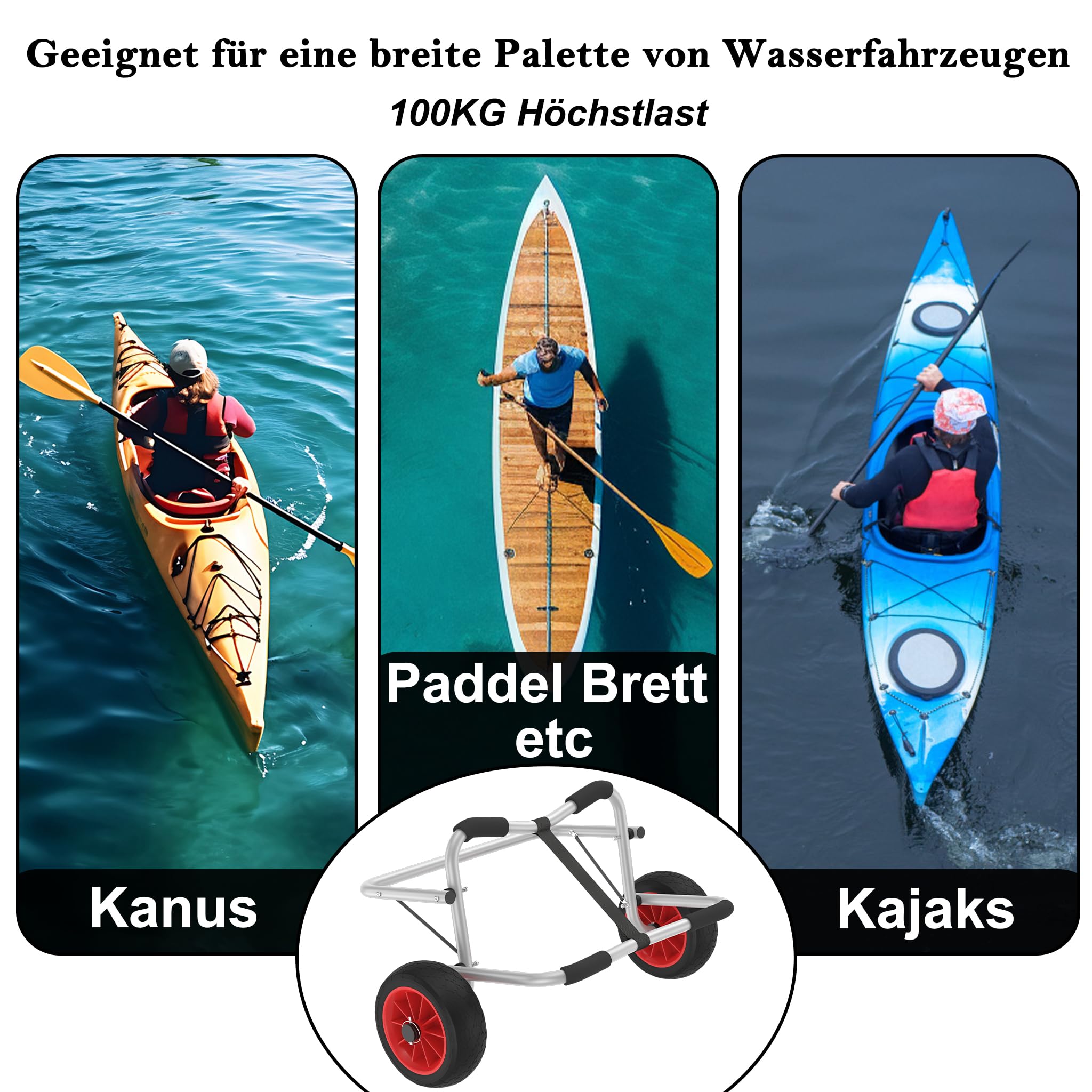 Faltbarer Kanuwagen & Kajakwagen aus Aluminium – Transportwagen für Kajak, Kanu & SUP, mit 2 PU-Rädern, Spannriemen, Traglast bis 100 kg